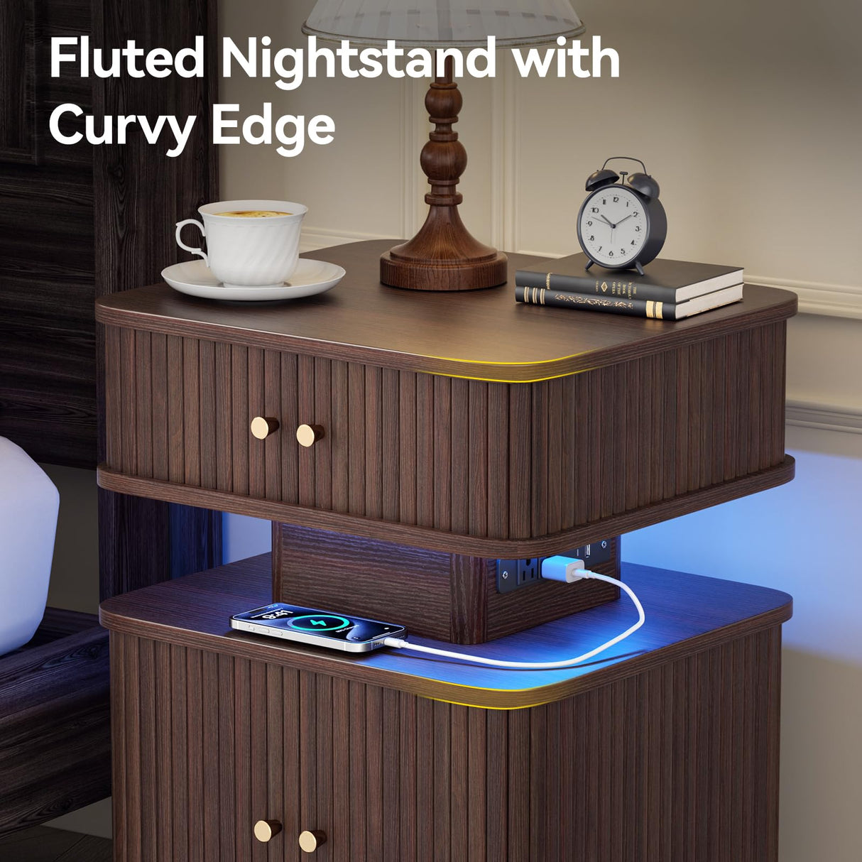 Night Stand, LED Nightstand, Modern Nightstand with Charging Station, Night Stand with 2 Drawers and Sliding Door, Curvy Edge, Small Bedside Table for Bedroom, Walnut AKMAKM