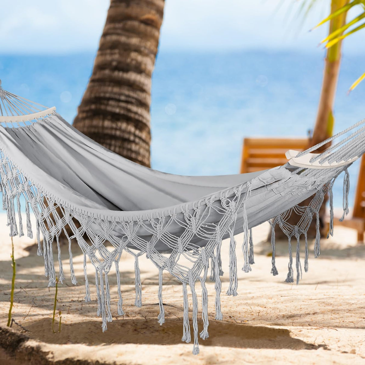 MOSFiATA Backyard Hammock with Tassels Max 500lbs Canvas Fabric Bohemian Style with Thickened Rope and Carry Bag for Outdoor, Garden, Patio, Wedding Decor (White) MOSFiATA