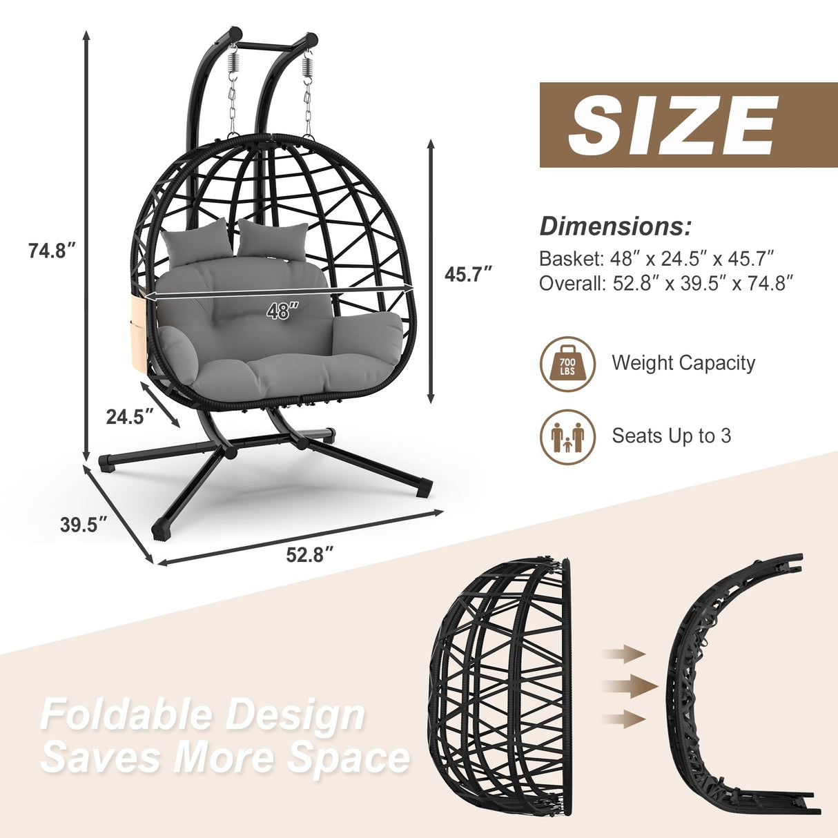 ZENPETIO Double Egg Chair with Stand, 2 Person Swing Egg Chair, Rattan Wicker Swing Chair with UV Resistant Cushion and Pillow, for Indoor Outdoor Bedroom Patio Hanging Basket Chair, Black ZENPETIO