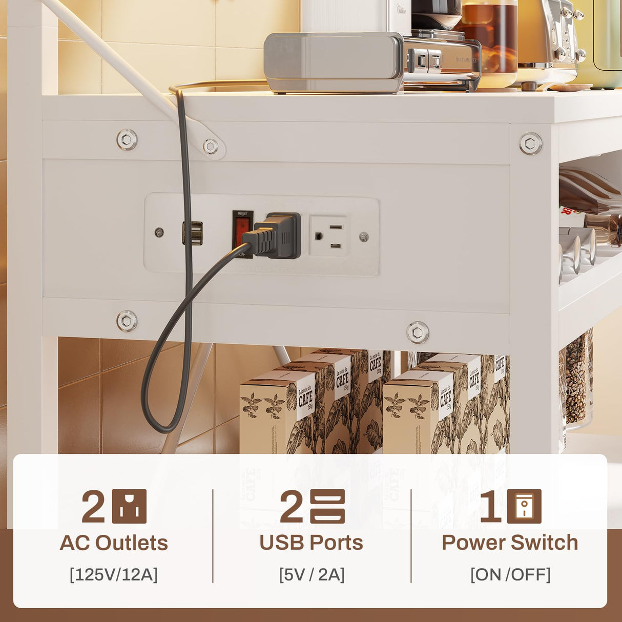 Itaar 6-Tier Bakers Rack with Power Outlet, LED Lights & Wine Rack – White Coffee Bar & Microwave Stand Itaar
