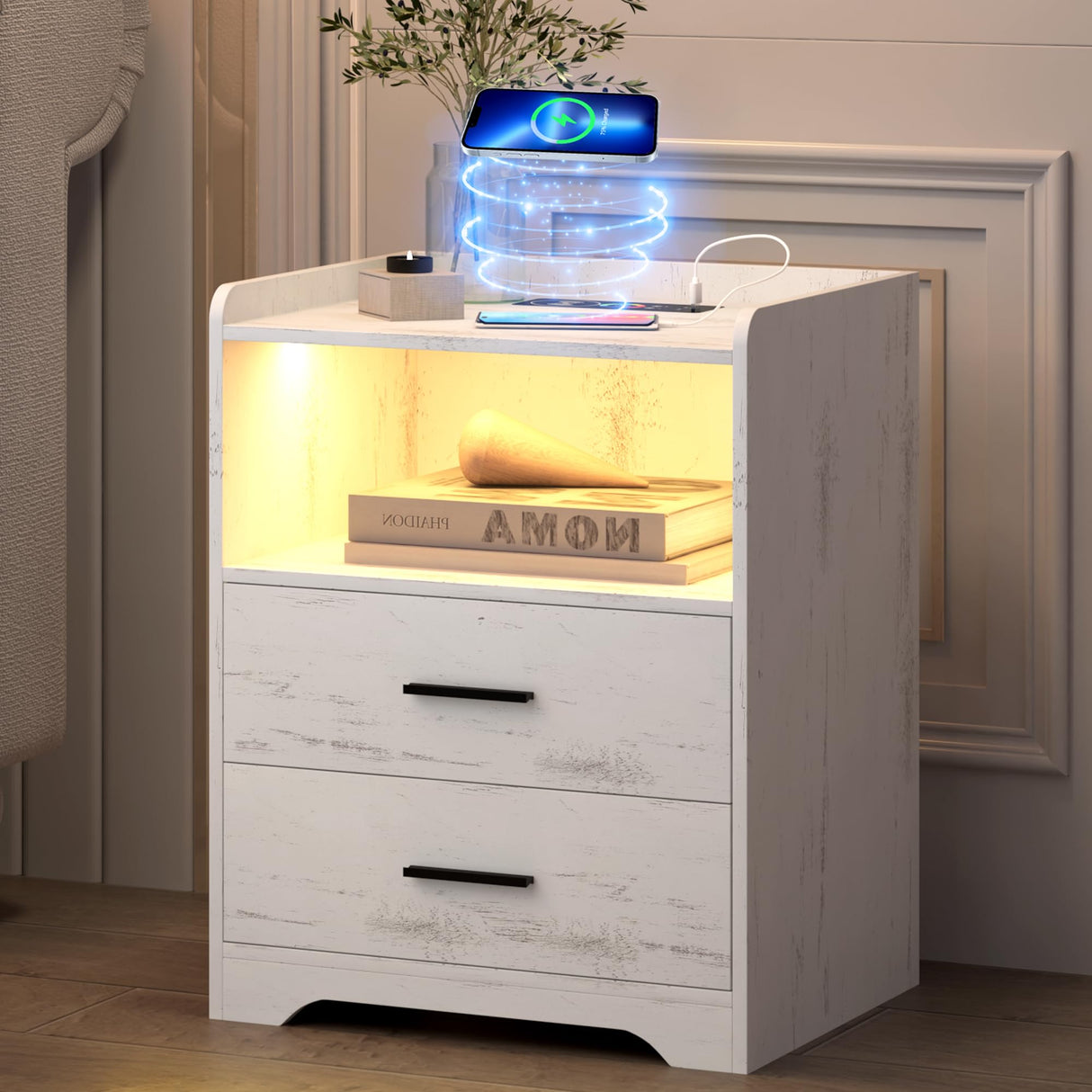 dnbss LED Nightstand with Wired/Wireless Charging Station, Night Stand with 24-Color RGB Lights, Modern Side Table, Smart Nightstands Bedside Table with Drawers for Bedroom, Wood White dnbss