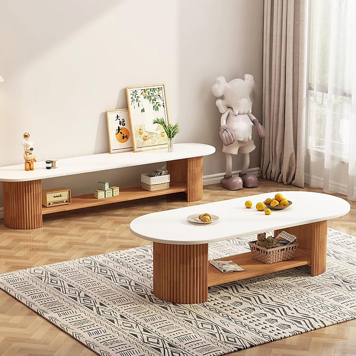 Farmhouse Coffee Table for Living Room,Solid Wood Coffee Table with Storage Shelf,Rectangle Center Table Oak Wooden Living Room Table Accent Cocktail End Table(39" W, White A) topjia