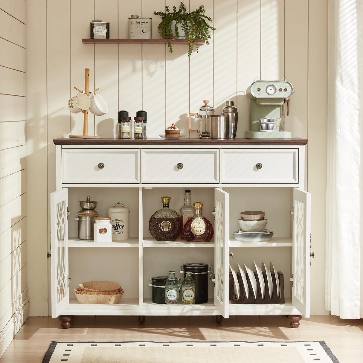 Joaxswe Farmhouse Sideboard Buffet Cabinet with Storage,48" Large Credenza with 3 Glass Doors & 3 Drawers,Adjustable Shelves Console Table,Wood Kitchen Coffee Bar for Dining Room,Living Room,White Joaxswe