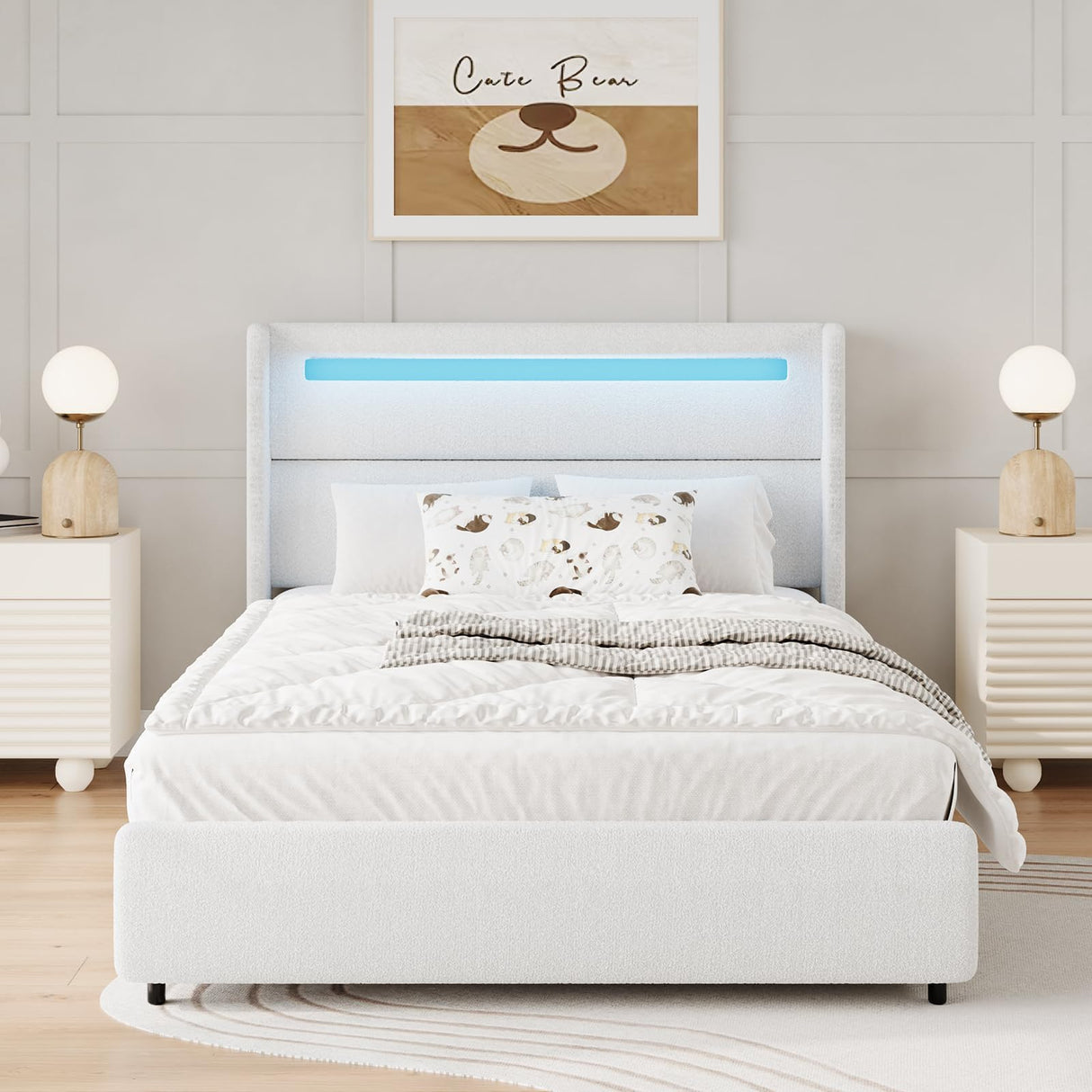 HOMBCK Twin Size Bed Frames with Headboard and LED Lights, Boucle Upholstered Platform Bed with Wingback Design, Modern Soft Bed Frame, No Box Spring Needed, Easy Assembly, White HOMBCK