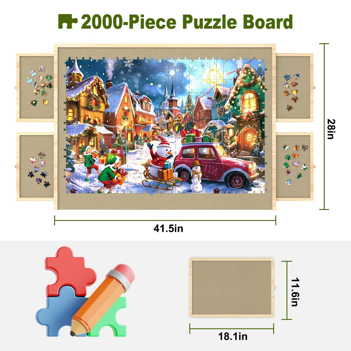 Puzzle Board with Drawers and Cover, 2000 Pieces Jigsaw Puzzle Board with Adjustable Tilt Stand, Tilting Puzzle Board for All Ages Doerpuz