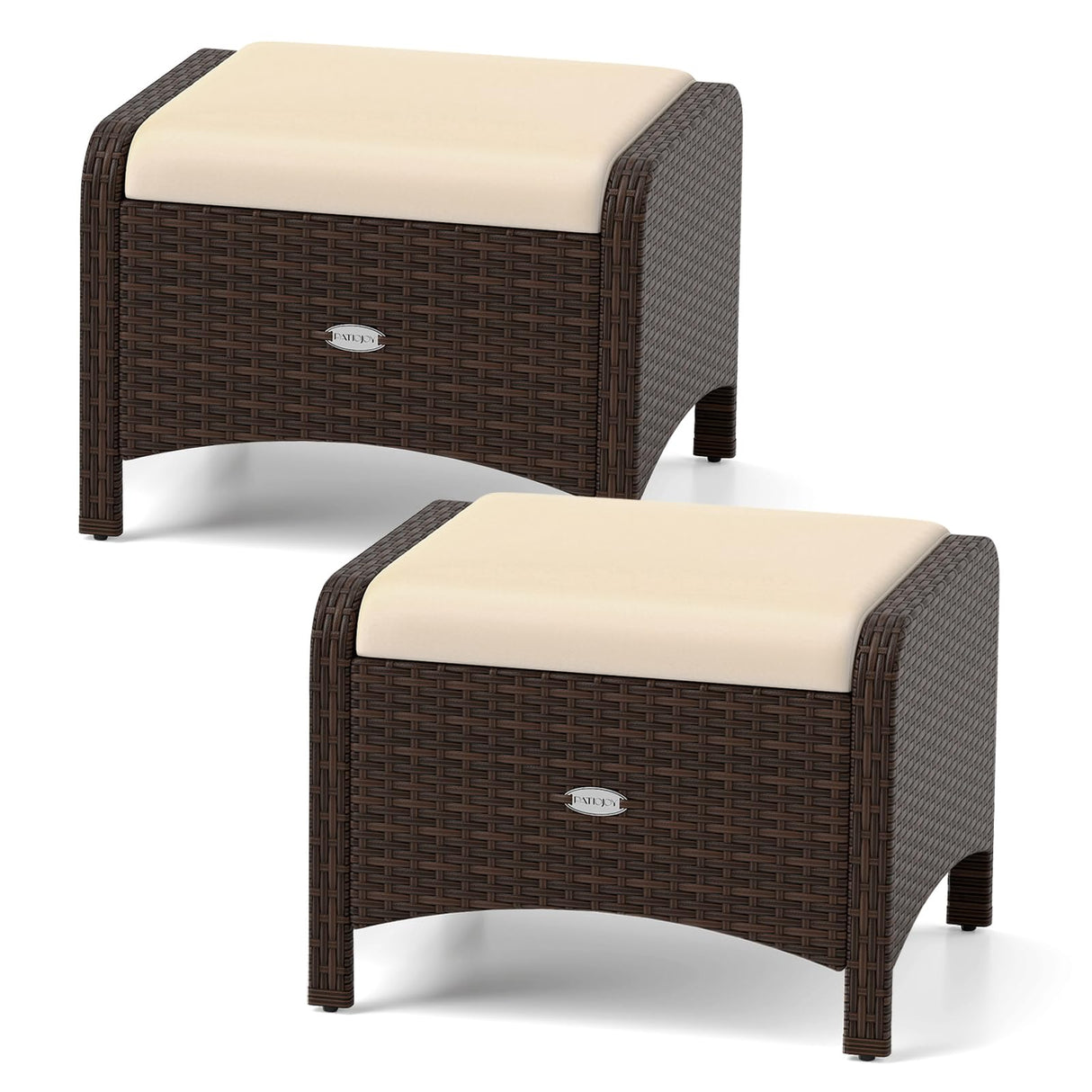 Tangkula 2 Pieces Outdoor Patio PE Wicker Ottomans with Removable Cushions, Outdoor Furniture for Additional Seating, Footrest and Side Table, Outdoor Footstools for Porch, Garden and Backyard (Beige) Tangkula