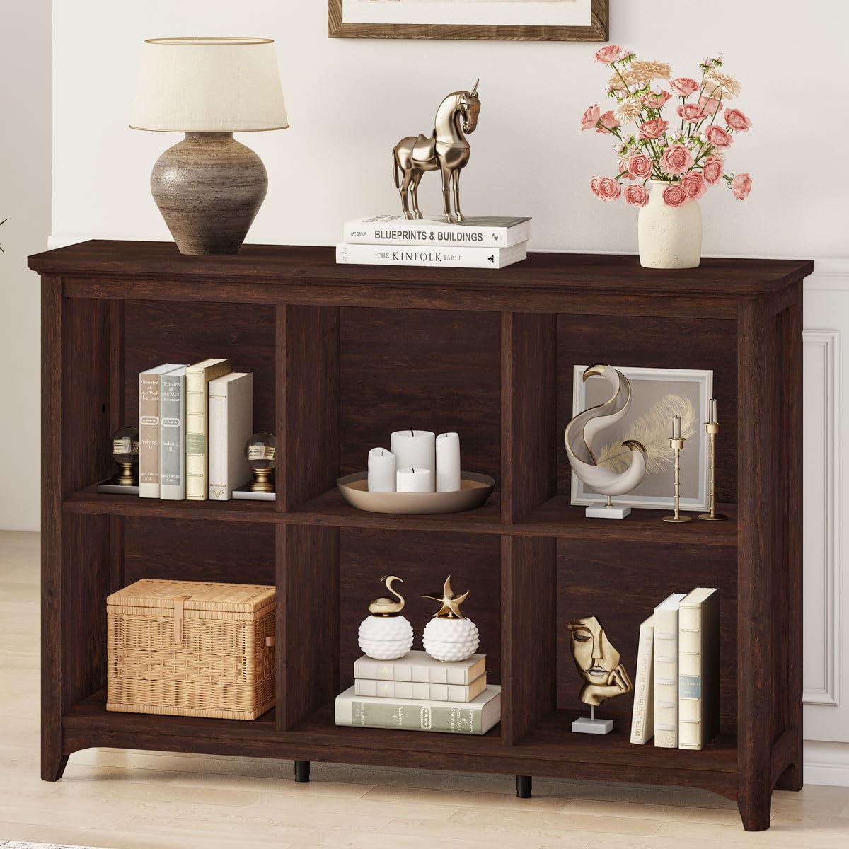 BON AUGURE 6 Cube Storage Bookcase, 43" Wide Horizontal Wooden Bookshelf, Floor Standing Low Book Shelf with Curved Edge for Living Room, Office - Brown Cherry BON AUGURE