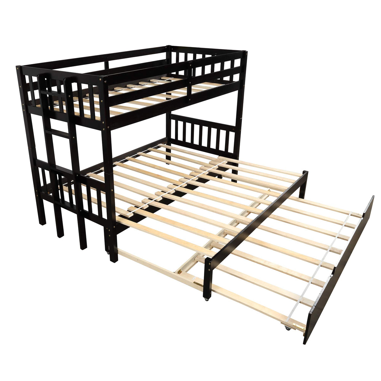 KLMM Twin Over Pull-Out Bunk Bed with Trundle, Wooden Twin Over Twin/Full/Queen/King Bunk Bed, Accommodate 4 People Extendable Bunk Beds with Ladder and Safety Rail (Espresso) KLMM