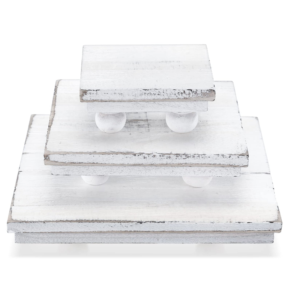 Thyle Set of 3 Wooden Risers for Display Wood Pedestal Stand Square Wood Tiered Display Stand Washed White Wood Display Riser Wood Risers for Decor Rustic Farmhouse Riser for Home Kitchen Tiered Tray Thyle