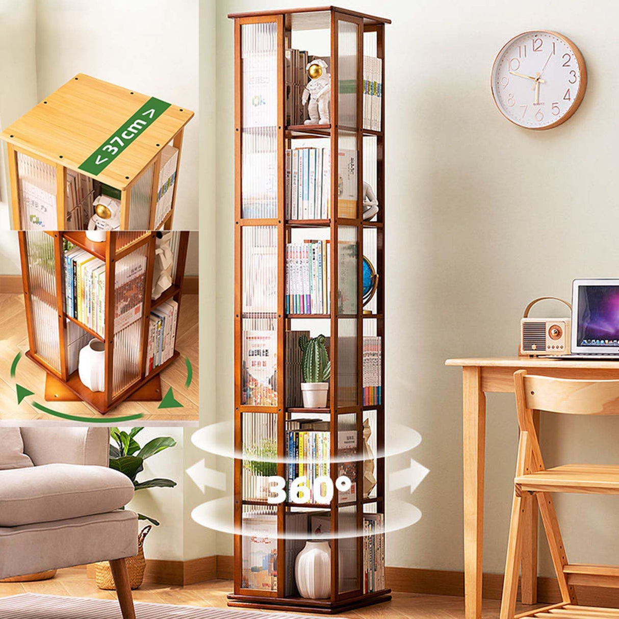 360° Rotating Brown Bookshelf - 6-Tier Floor Standing Corner Organizer for Small Spaces Generic