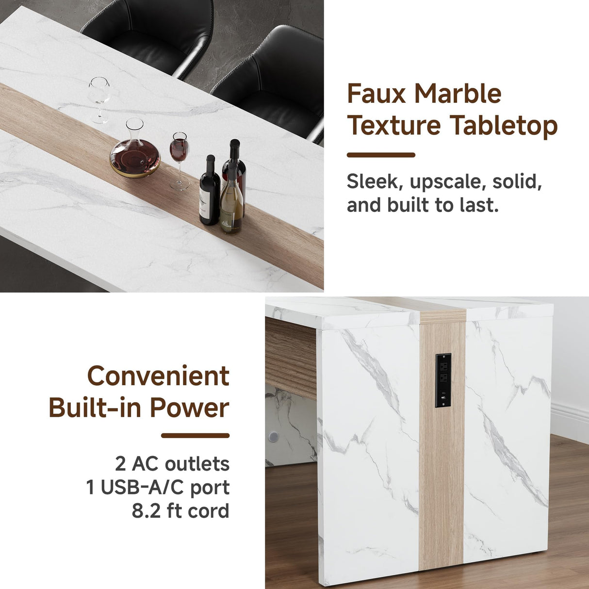 63" Large Island Table for Kitchen with Charging Station,Faux Marble Wooden Dining Table for 4-6 People,Modern Luxury Kitchen Island with Multi-Color LED Mood Lighting & Stylish Grill Design TRONLEE