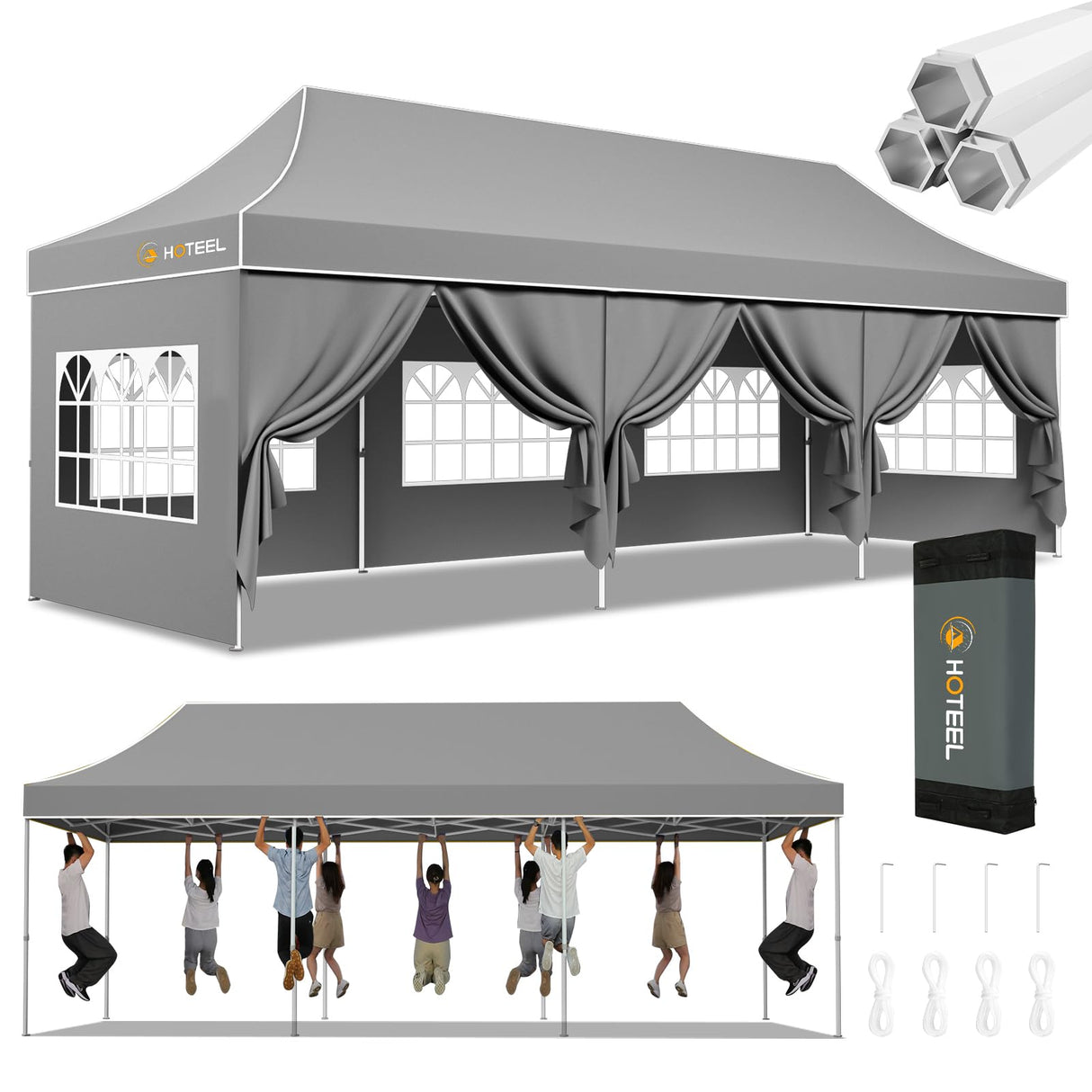 Hoteel Canopy 10x30 Heavy Duty Pop Up Canopy Tent with 8 Sidewalls,UPF50+ and Waterproof 1500mm,3 Height Adjustable,Upgraded Hexagonal Pipe,Commercial Instant Tent,for Picnic,Parties,Wedding,Grey Hoteel
