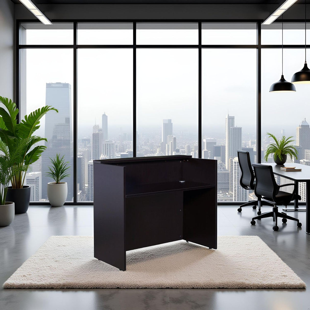 Oakestry Glazed Reception Desk Mocha Finish 48 Inch Wide Contemporary Entry Table with Transparent Transaction Counter Stylish Office Front Desk Modular Reception Station Durable Laminate Furniture Oakestry