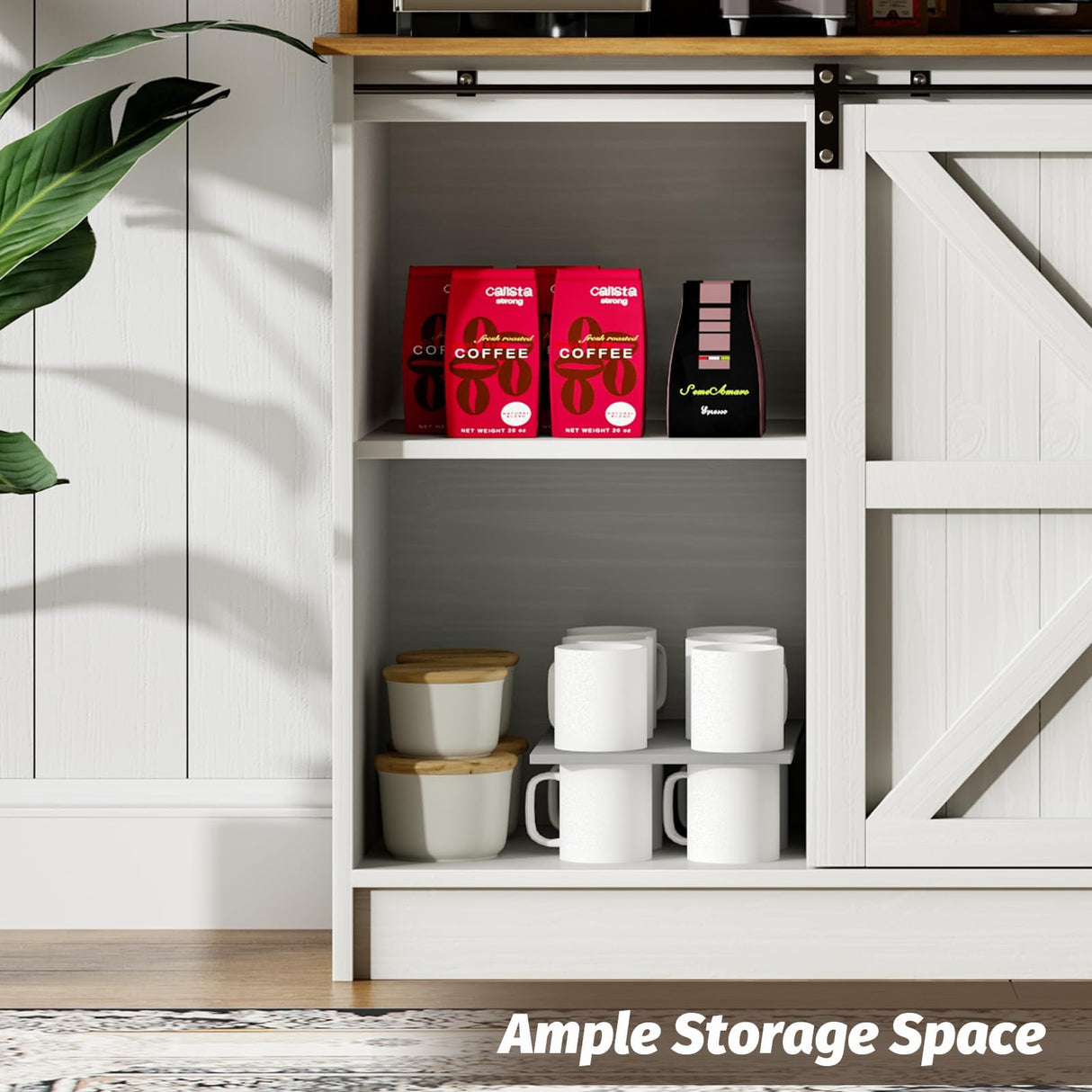 4ever2buy Farmhouse Coffee Bar Cabinet with 8 Hooks, 55” Kitchen Hutch Cabinet with Storage, White Coffee Bar with Sliding Barn Doors, Wine Bar Cabinet with 12 Racks for Living Dining Room 4ever2buy