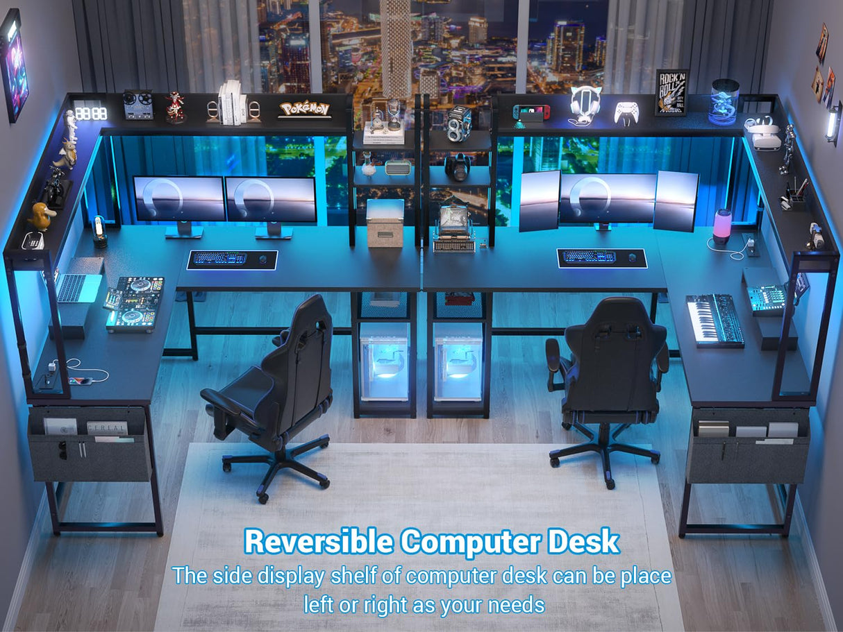 Aheaplus L Shaped Desk with Power Outlet, L Shaped Gaming Desk with Led Light & Hutch, Reversible Home Office Desk, Corner Computer Desk Writing Desk with Monitor Stand & Storage Shelves, Black Aheaplus