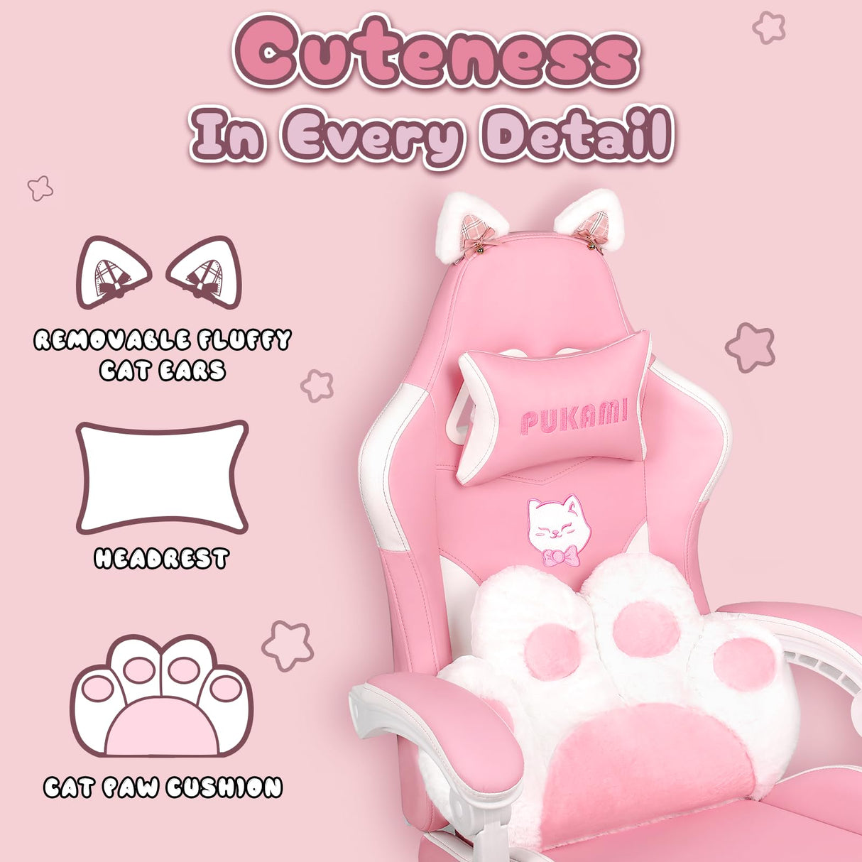 PUKAMI Pink Gaming Chair Cute with Cat Ears and Cat Paw Lumbar Cushion, Ergonomic Computer Chair for Girl with Footrest and Headrest, Comfortable Reclining PC Game Chair for Adult, Teen, Pink PUKAMI