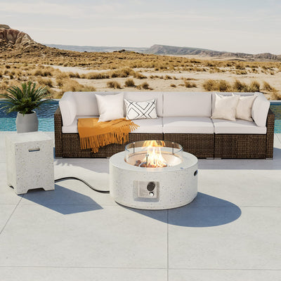 COSIEST 6-Piece Patio Furniture Set w Fire Pit Table, Outdoor Brown Wicker Sectional Sofa w 28-inch Terrazzo Round Fire Table (40,000 BTU), Wind Guard and 16-inch Tank Outside (20lb) for Garden
