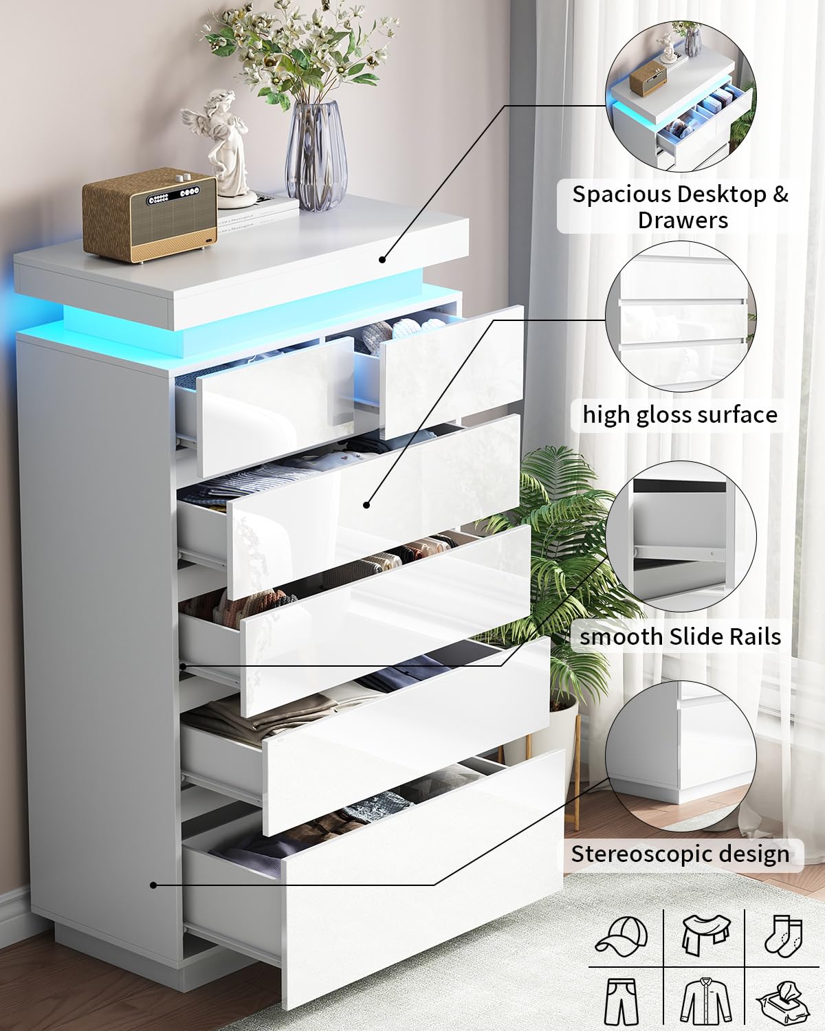 Seeday 6 Drawer Dresser for Bedroom with LED Lights, White Modern High Gloss Chest of Drawers for Closet, Tall Drawer with Adjustable LED Light, for Living Room, Entryway, Dressing Room Seeday