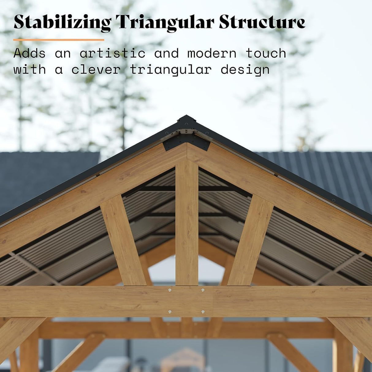13x15 ft Wood Gazebo, Hardtop Pergola with Steel Gable Roof, Outdoor Gazebo with Guest House for Garden, Porch, Patio, Black + Natural Wood LUXOAK