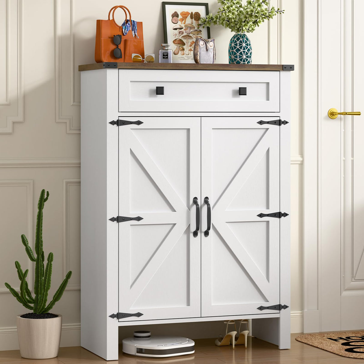 Shoe Storage Cabinet, 5-Tier Farmhouse Shoe Cabinet with Adjustable Shelves & Drawer, Wooden Shoes Rack Cabinets Storage Organizer with Doors for Entryway, Hallway, Closet, Living Room, White Vabches