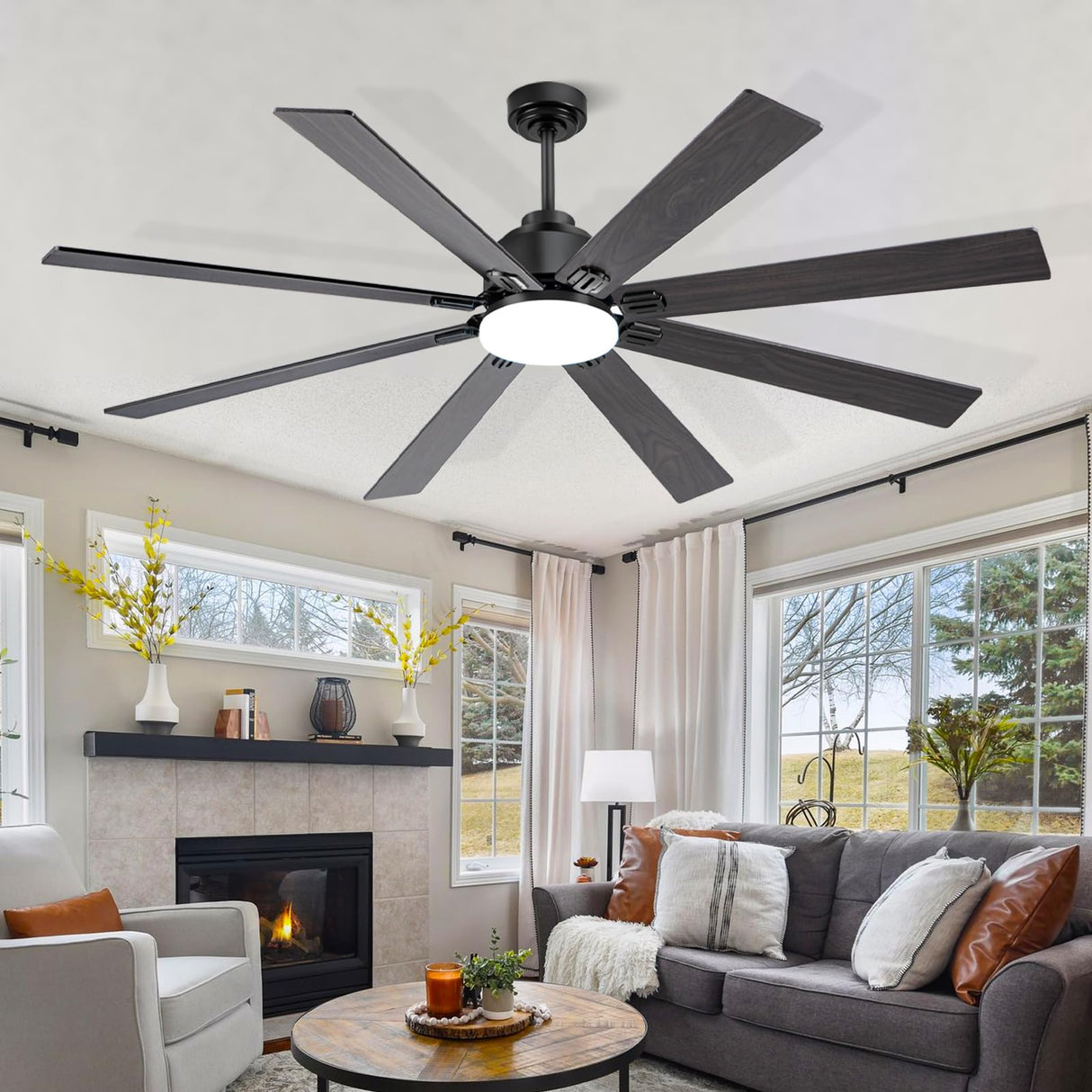 Kayleik 72 Inch Large Ceiling Fan with Lights and Remote, Black Ceiling Fan for 8 Blades 6 Speed Reversible Quiet DC Motor, Outdoor Ceiling Fans for Living Room,Patio,Garage,and Commercial Spaces Kayleik