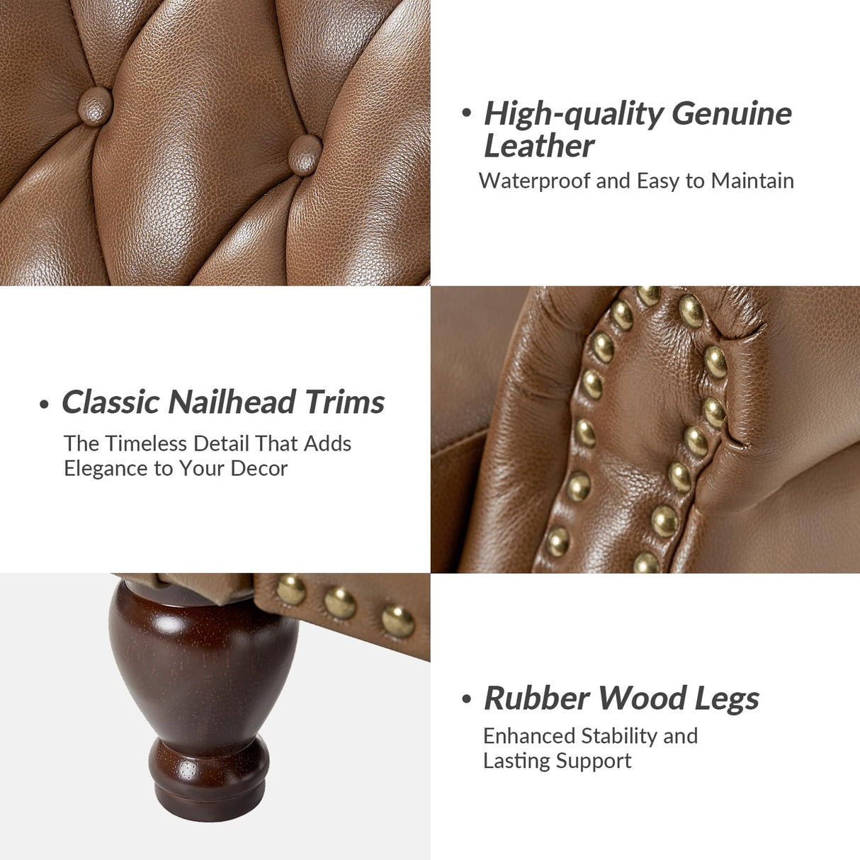 HULALA HOME Genuine Leather Manual Recliner Chair, Adjustable Tufted Push Back Reclining Sofa Armchair with Rivet Decoration & Solid Wood Legs, Modern Living Room Home Theater Seating, Camel HULALA HOME