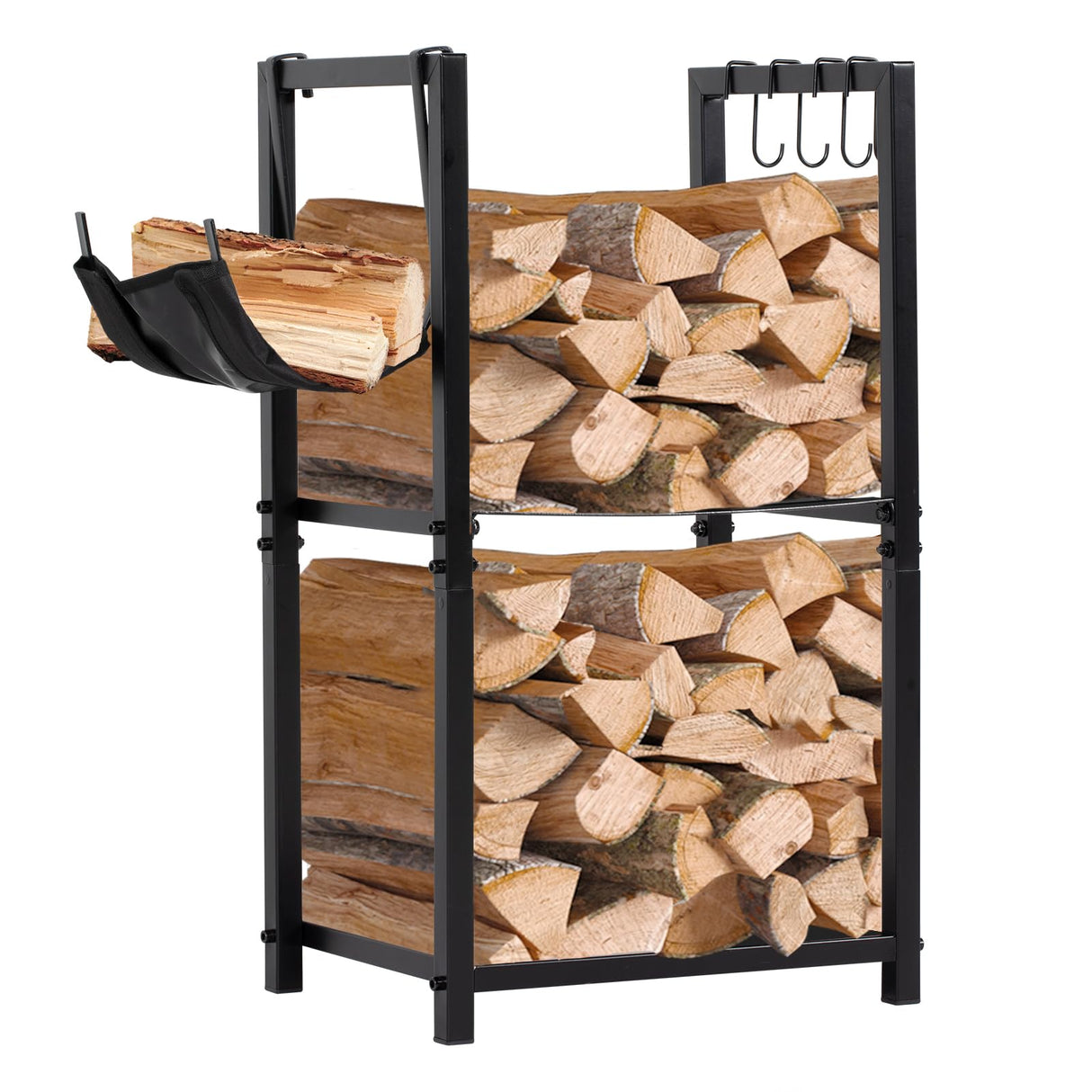 nalone Firewood Rack Indoor, Small Outdoor Firewood Log Storage Rack, 2-Tier Wood Holder with 6 Hooks, Firewood Stand for Indoor Fireplace, Outdoor Patio, Fire Pit, Stove nalone