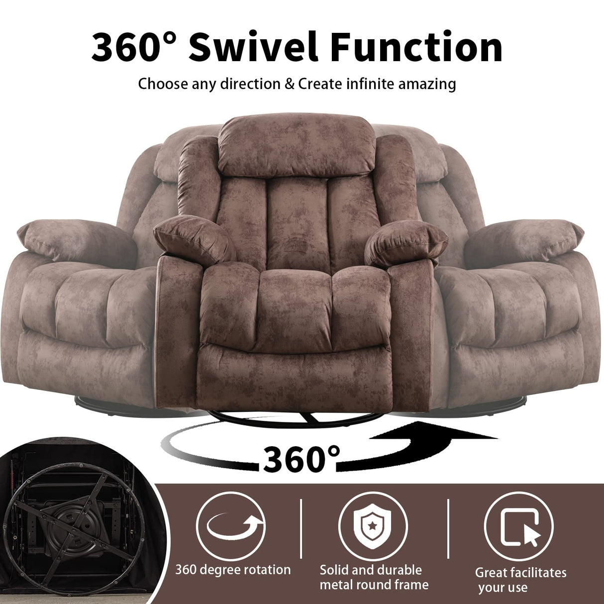 CANMOV Massage Rocker Recliner with Heat and Vibration, 360 Degree Swivel Manual Antiskid Fabric Single Sofa Heavy Duty Reclining Chair for Living Room, Dark Brown CANMOV