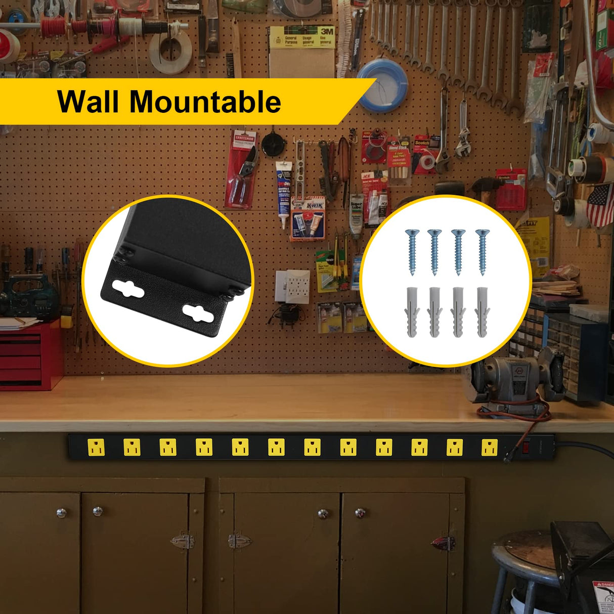 SURAIELEC 12 Outlet Long Metal Power Strip, 15 FT Cord Surge Protector, Angled Flat Plug, Wide Spaced Outlet Power Bar, 15A Breaker, Wall Mountable, Industrial Heavy Duty for Work Bench, Shop, Garage SURAIELEC