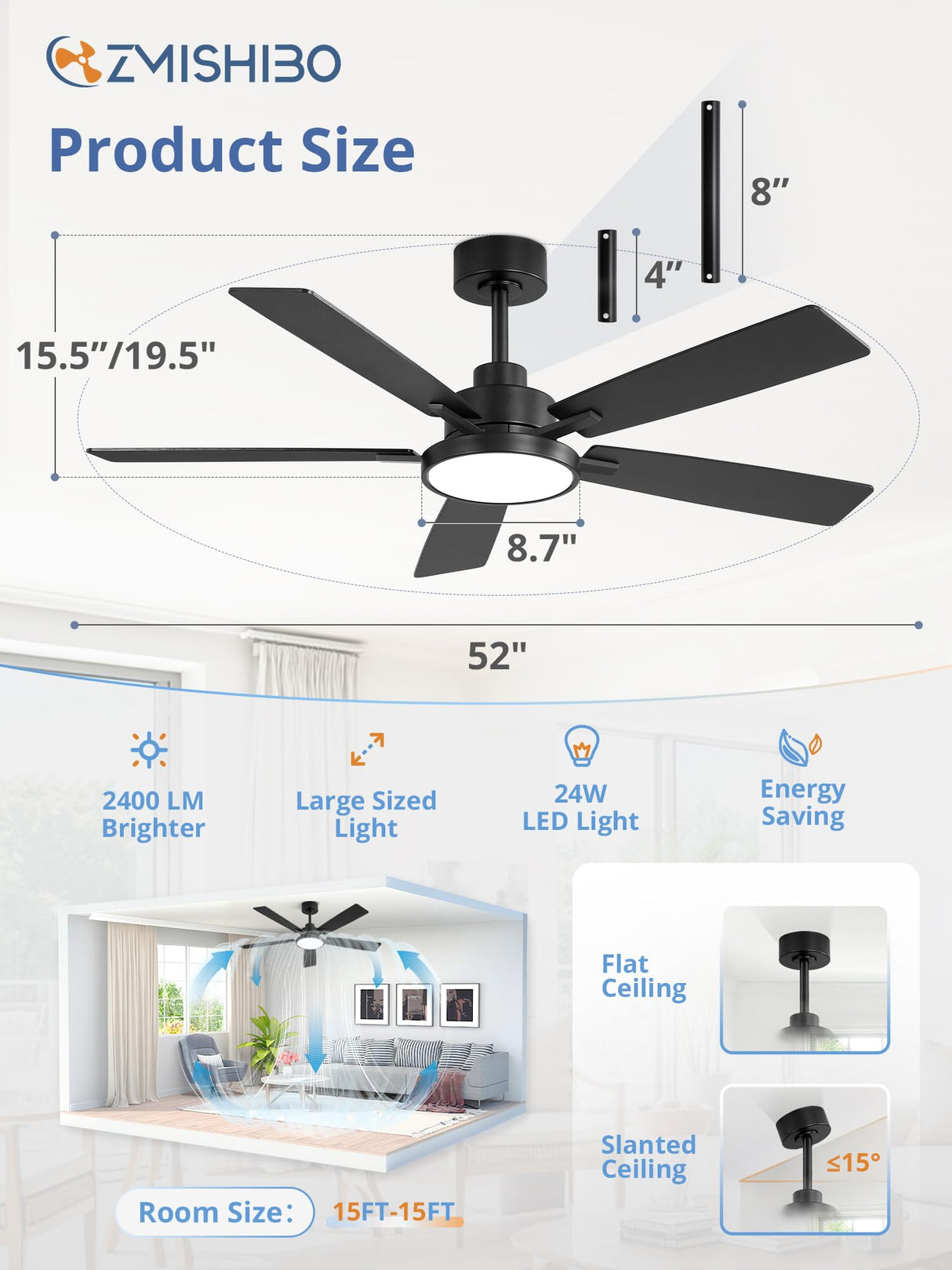 ZMISHIBO Ceiling Fans with Lights and Remote, 52 Inch Black Modern, with 24W 2400LM High Bright LED Light, Quiet Powerful DC Pure Copper Motor for Bedroom, Kitchen, Living Room ZMISHIBO
