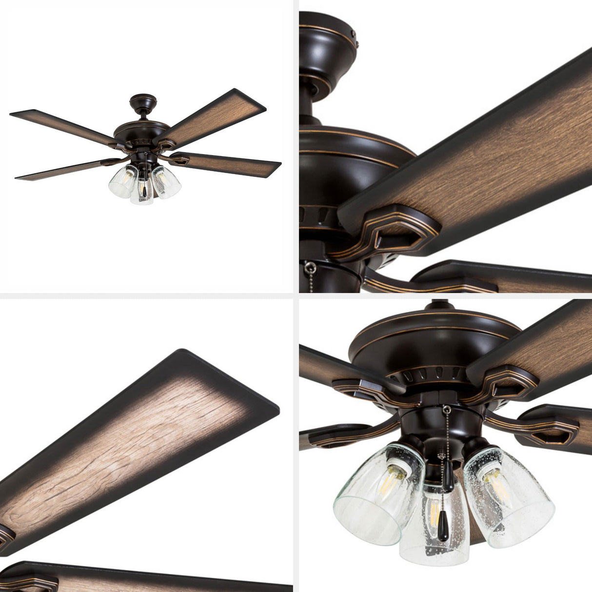 Prominence Home Glenmont, 52 Inch Farmhouse LED Ceiling Fan with Light, Pull Chain, Three Mounting Options, Dual Finish Blades, Reversible Motor - 40278-01 (Oil-Rubbed Bronze) Prominence Home