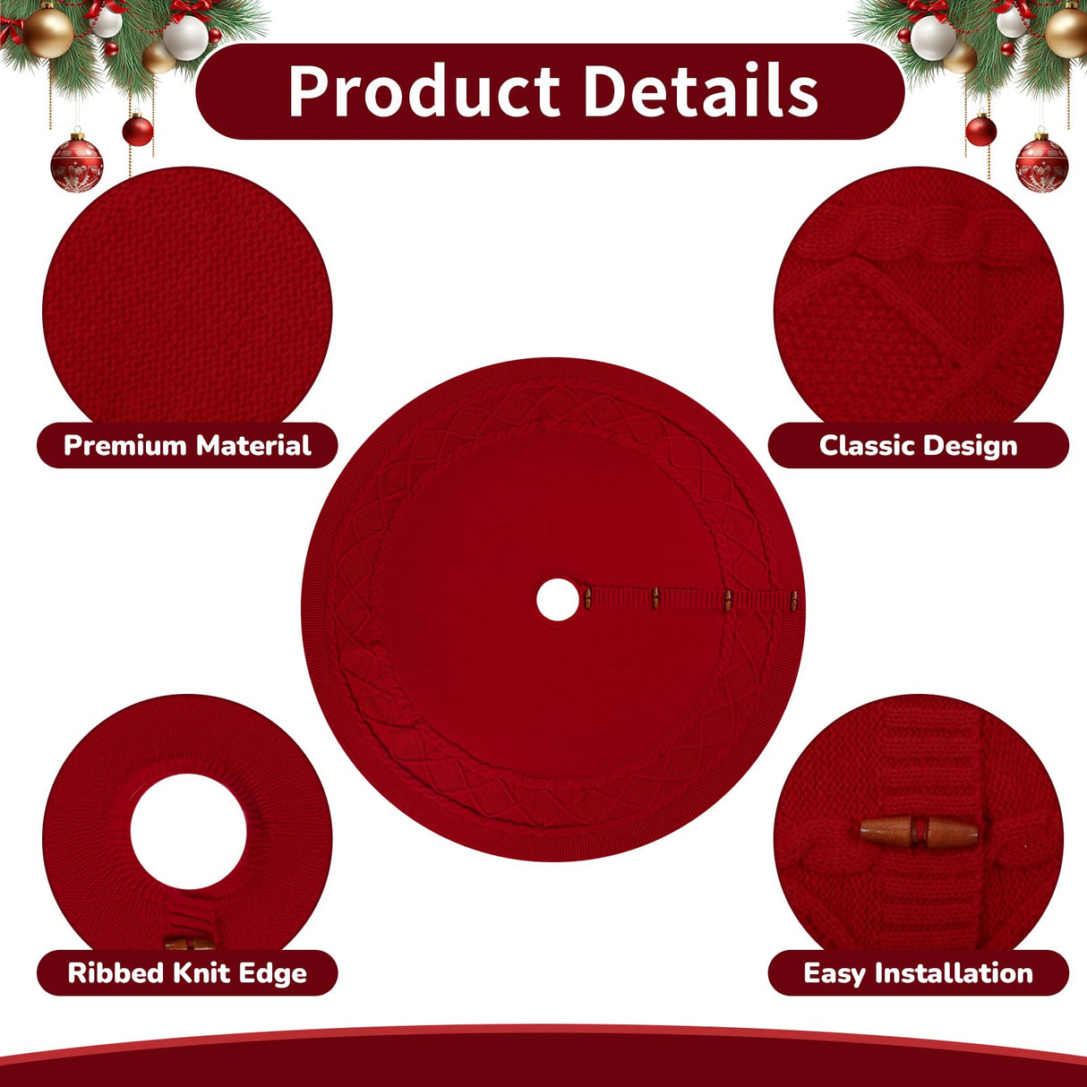 KCFESTIHUE Christmas Tree Skirt, 48 Inch Cable Knit Pattern, Luxury Xmas Holiday Decoration, Thick Rustic Fabric, Home Party Décor Red KCFESTIHUE