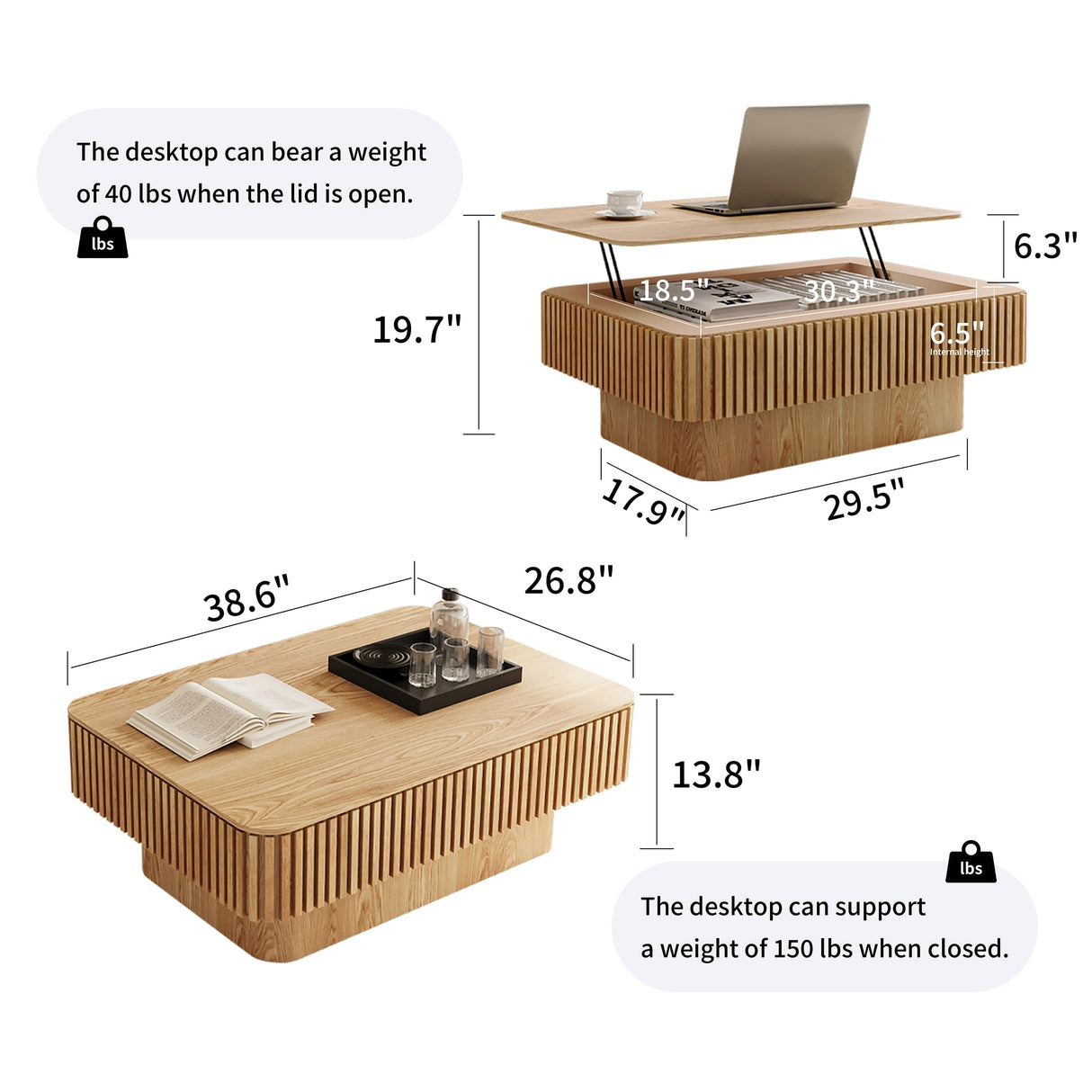 38.6" Square Lift Top Coffee Table, Modern Fluted Tea Table with Hidden Storage for Living Room, Apartment or Office, Natural Wood KIGFTSOD