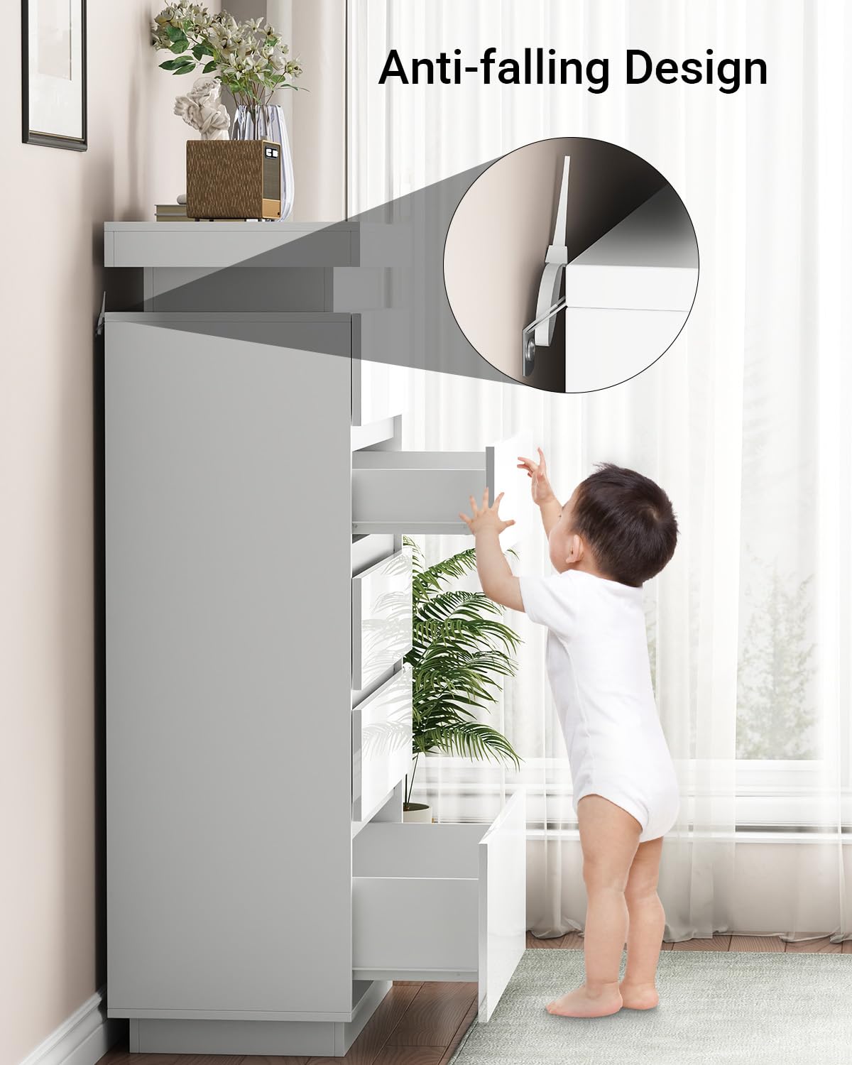 Seeday 6 Drawer Dresser for Bedroom with LED Lights, White Modern High Gloss Chest of Drawers for Closet, Tall Drawer with Adjustable LED Light, for Living Room, Entryway, Dressing Room Seeday