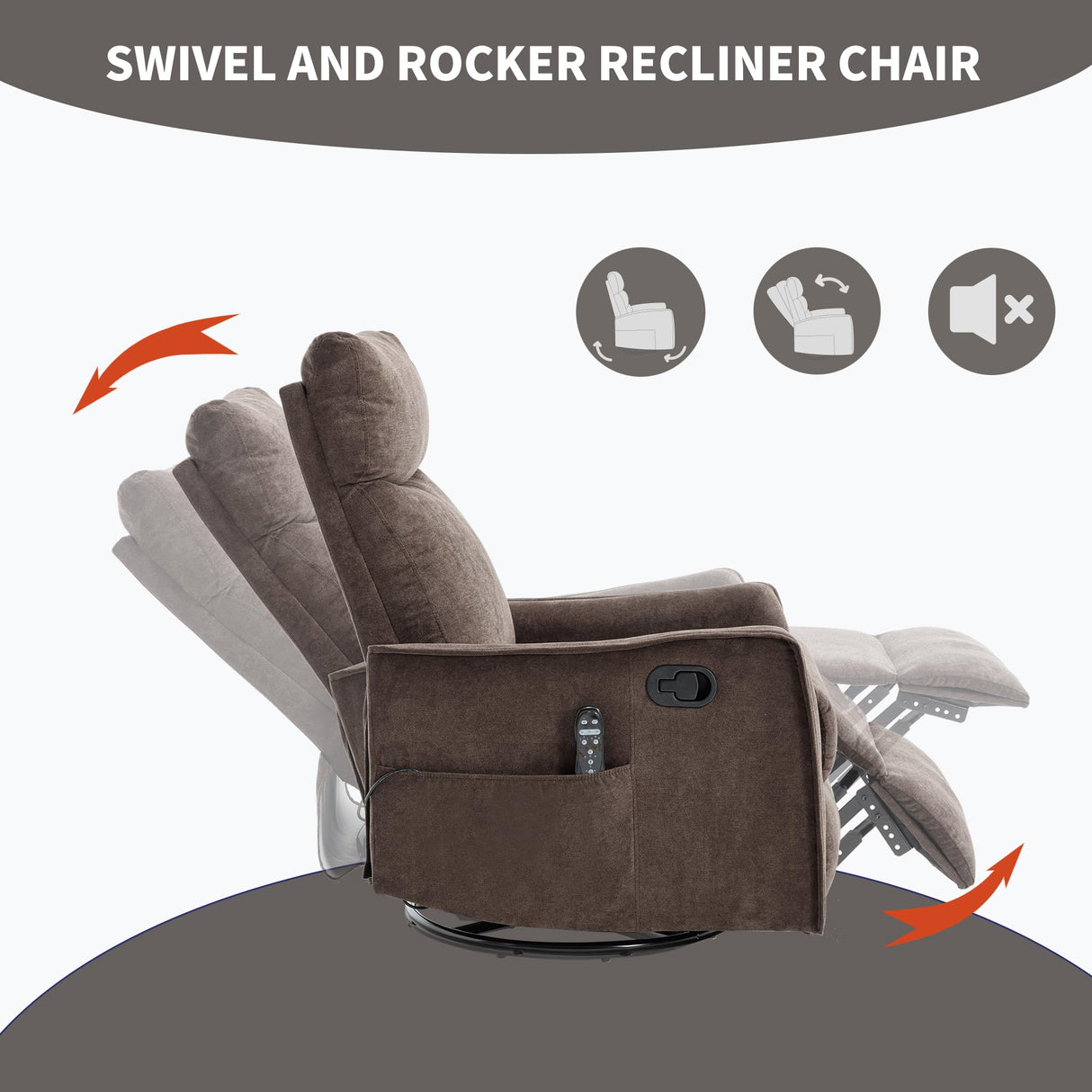 PELUMY Rocker Recliner Chair with Heat Massage - Manual Swivel Recliner for Living Room and Bedroom, 8 Vibration Points, Lumbar Heat, Glider Rocking Chair for Adults (Brown) PELUMY