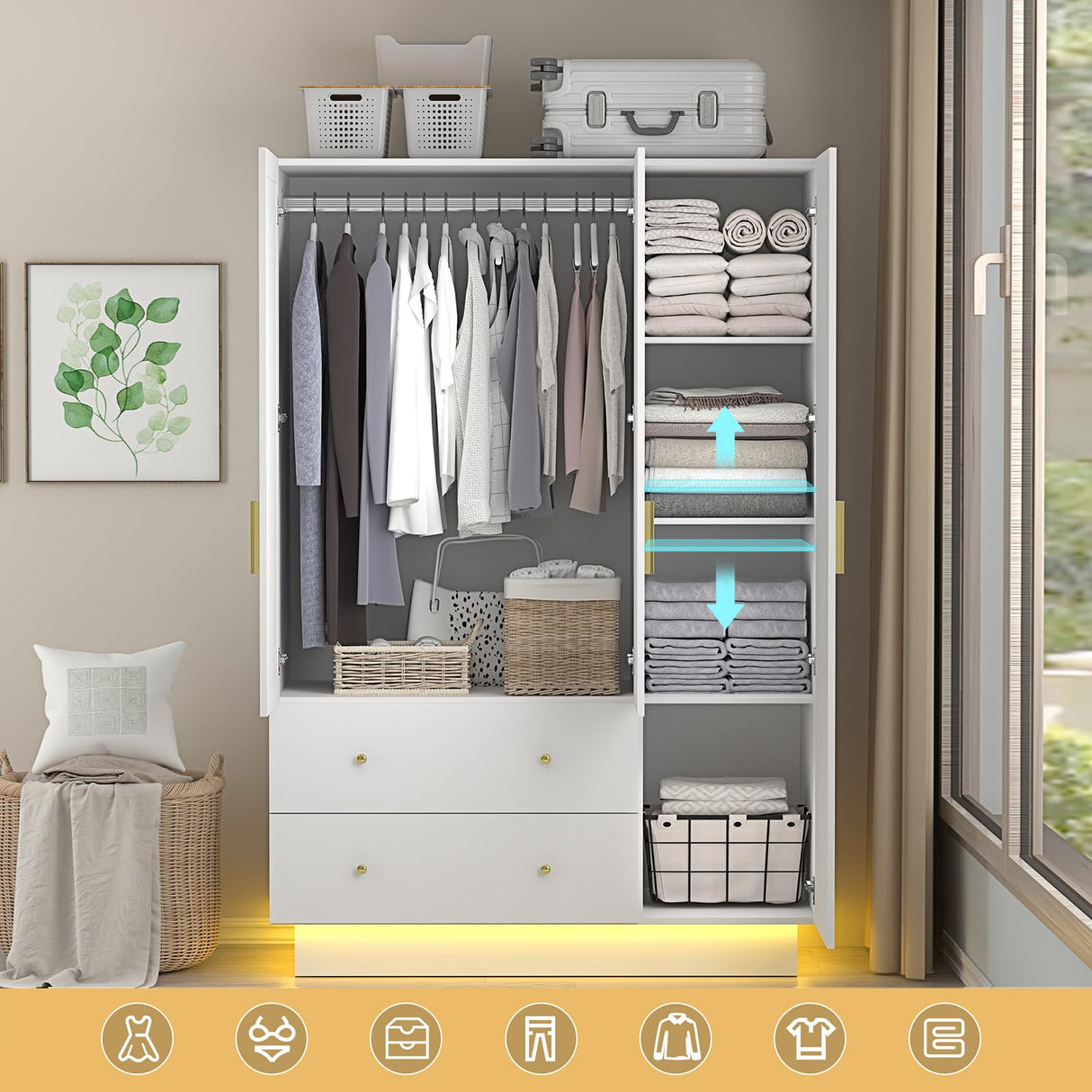 3 Doors Armoire Wardrobe Closet with Mirror, LED Armoire with Doors and Drawers, Wooden Armoire Storage Cabinet with Hanging Rod, Adjustable Shelves, White chartustriable