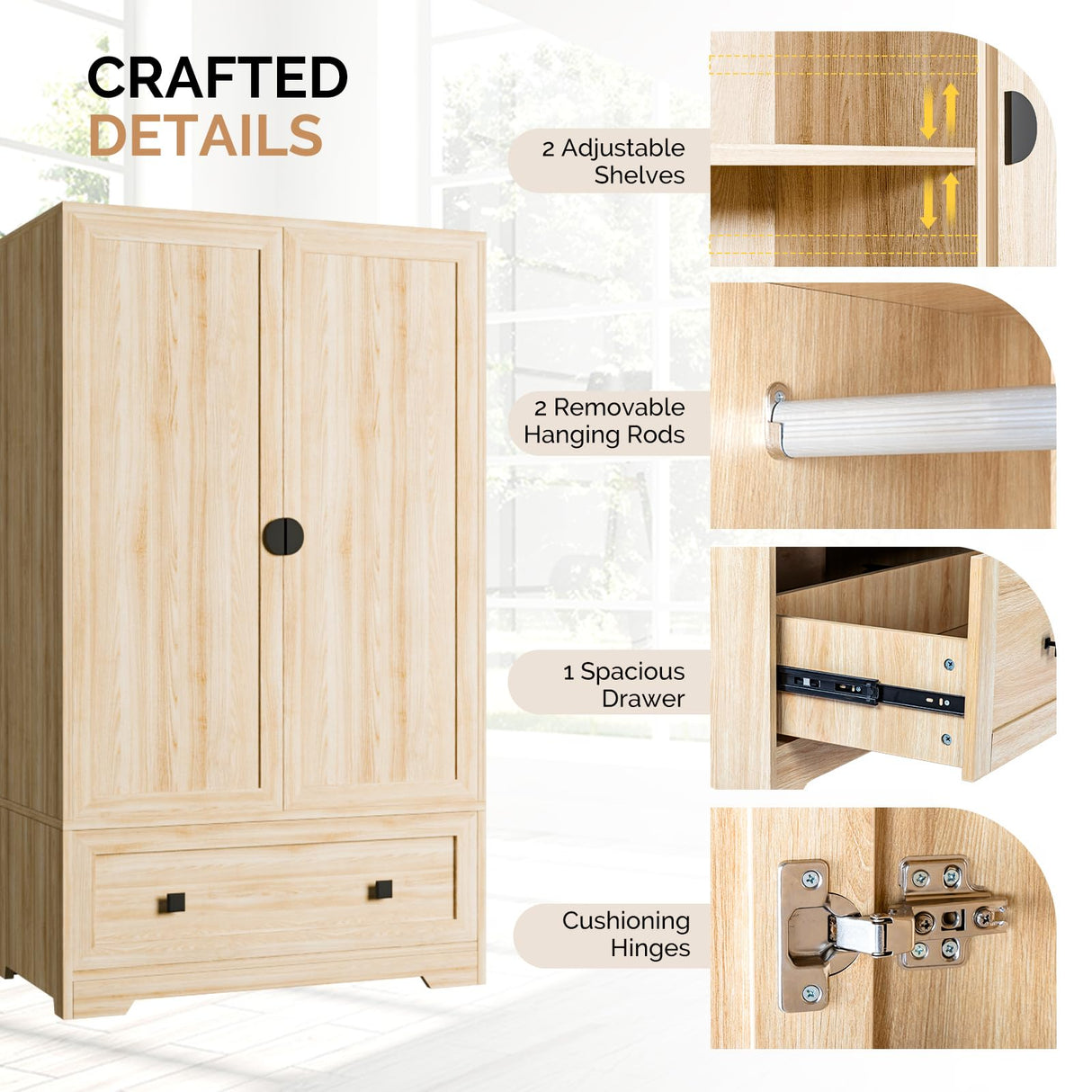 VINGLI Wardrobe Closet, Armoires and Wardrobes with Doors,Hanging Rod, Shelves and Drawer, Freestanding Closet Wardrobe Cabinet, Oak Armoire Wardrobe for Bedroom, Dorm, 38" W x 21" D x 65" H VINGLI