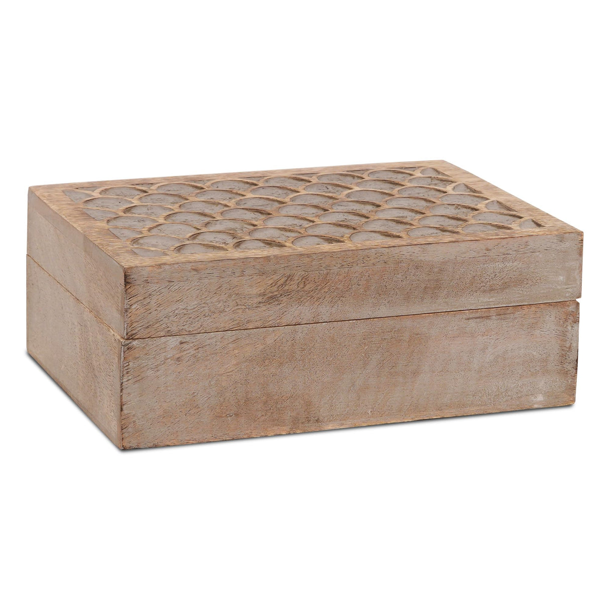 Scallop Wooden Box (Extra Large) - Light Burnt Over Grey Decorative Box w/ Felt Pads Underneath & Wooden Carving - Unique Handmade Mangowood Keepsake Storage Box for Jewelry - 10.5 x 7.5 x 4" Mela Artisans