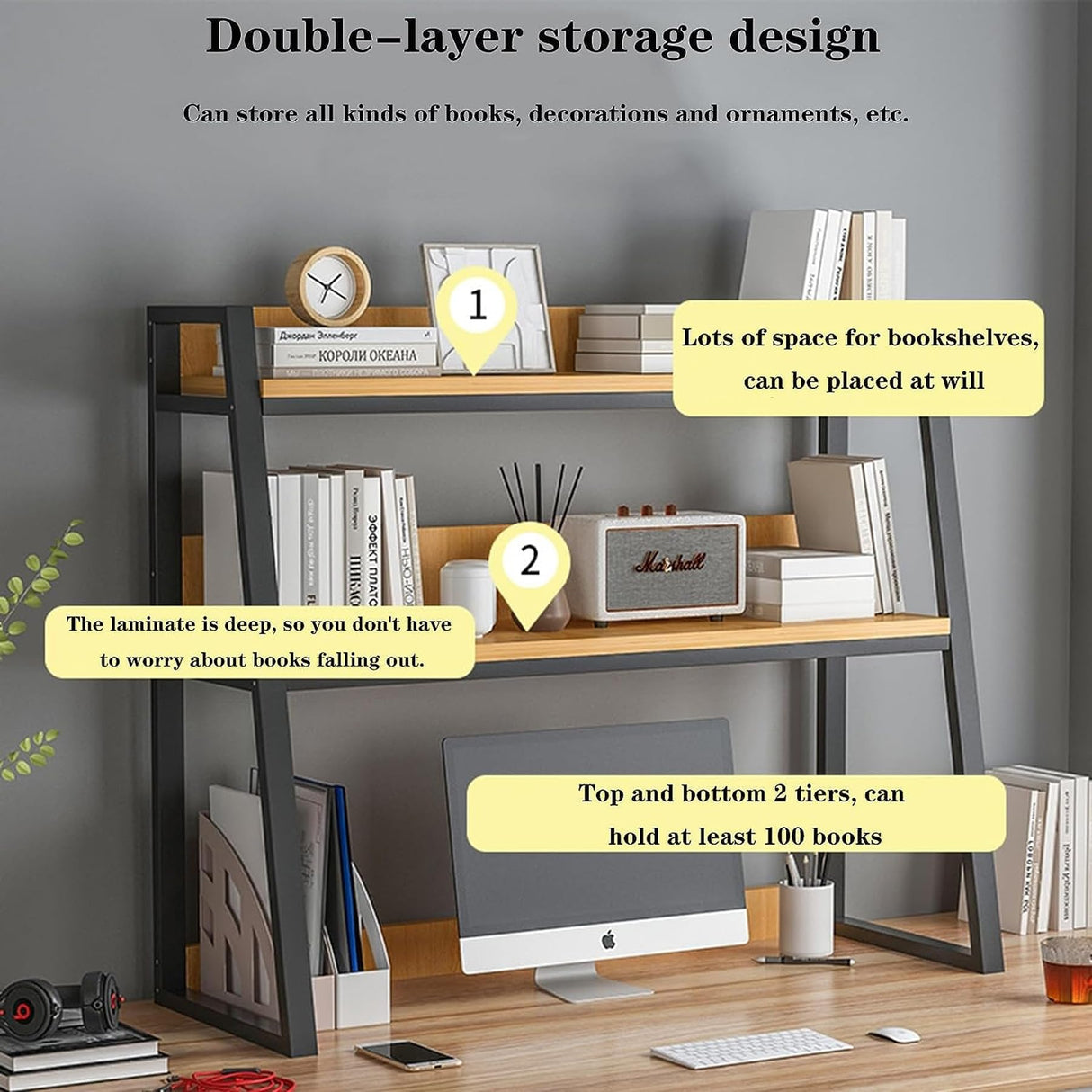2-Tier Black Desktop Bookshelf Organizer for Efficient Home Office & Dorm Storage Oisei