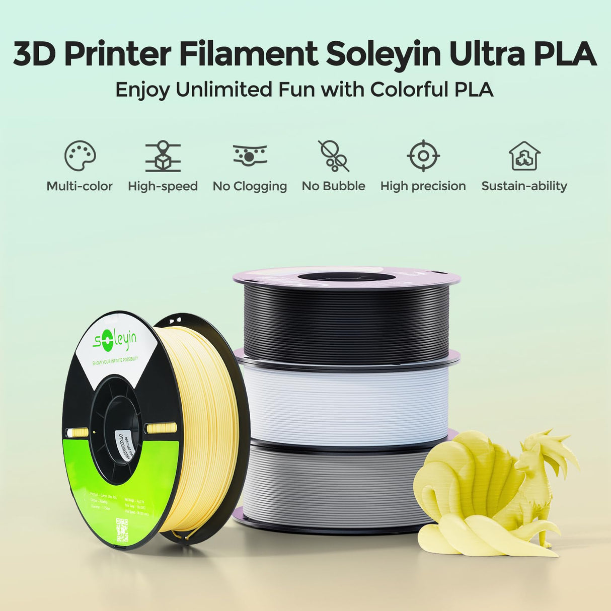 SOLEYIN 3D Printer Filament 1.75mm Ultra PLA Filament High Speed 30-300mm/s Accuracy +/- 0.02mm, 1kg Spool (2.2lbs), Fit Most FDM 3D Printer, Soleyin by Creality Filament, PLA Black SOLEYIN
