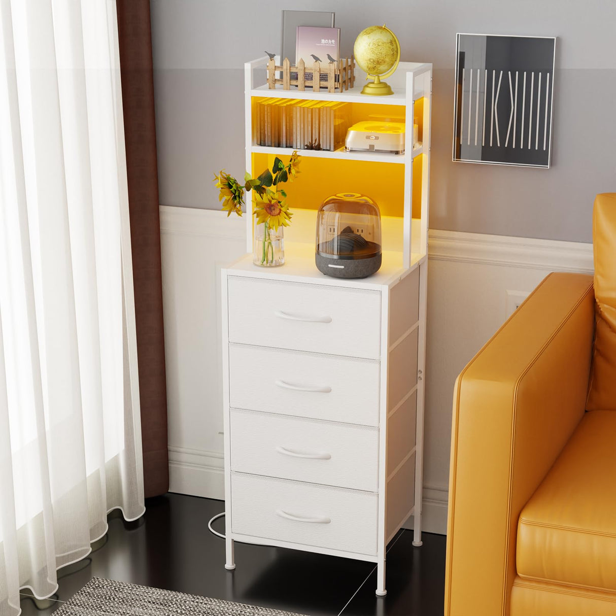 Fixwal 47 Inch Tall Nightstand with Charging Station, Led Night Stand with Socket, 4 PU Finished Fabric Storage Drawers, Office, Bedside Table & Bookshelf in One, White Fixwal