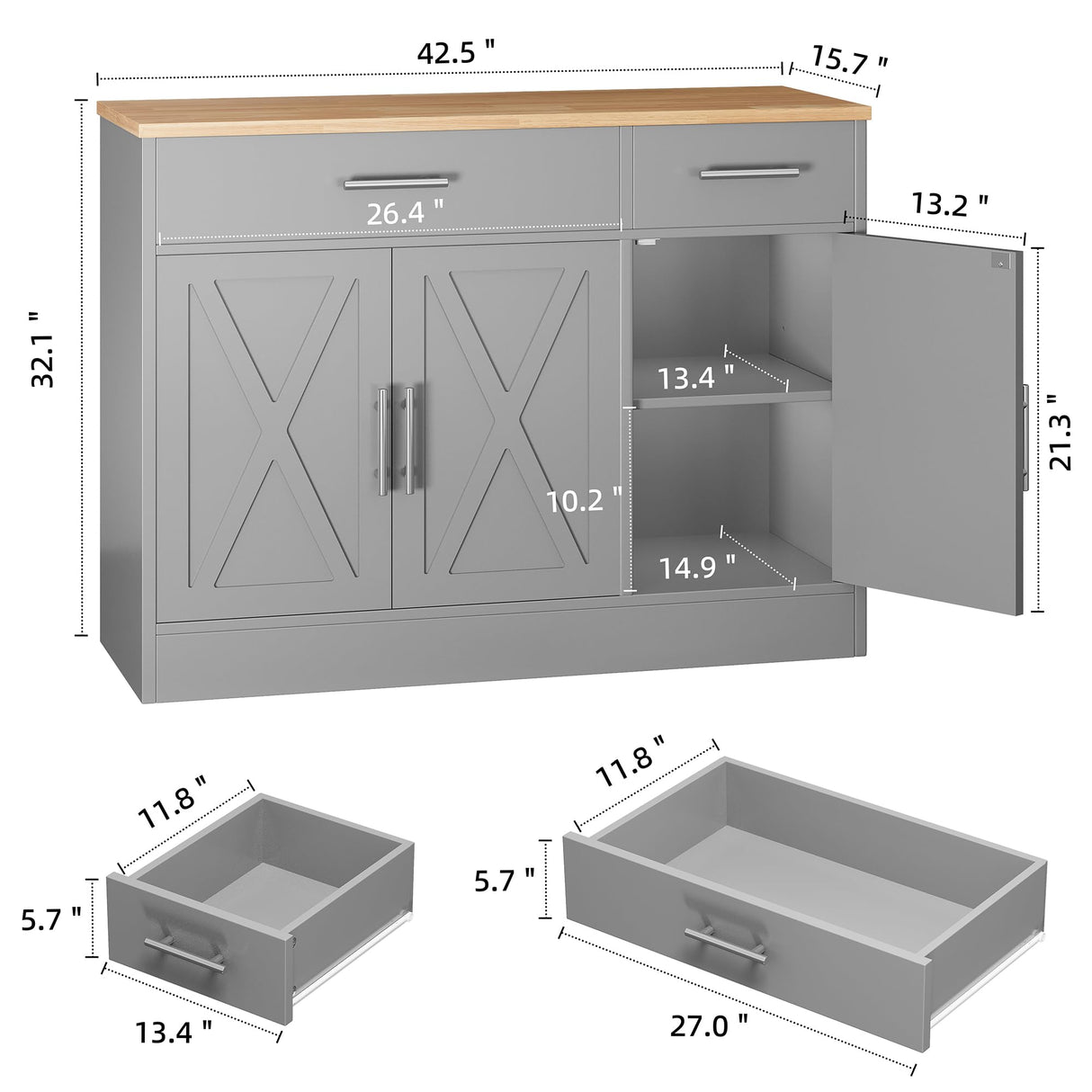 Shintenchi Modern Farmhouse Sideboard Buffet Cabinet with Storage with 3 Doors, 42"Barn Doors Buffet Cabinet with Storage, Wood Coffee Bar Cabinet with Adjustable Shelf for Kitchen, Living Room, Grey Shintenchi