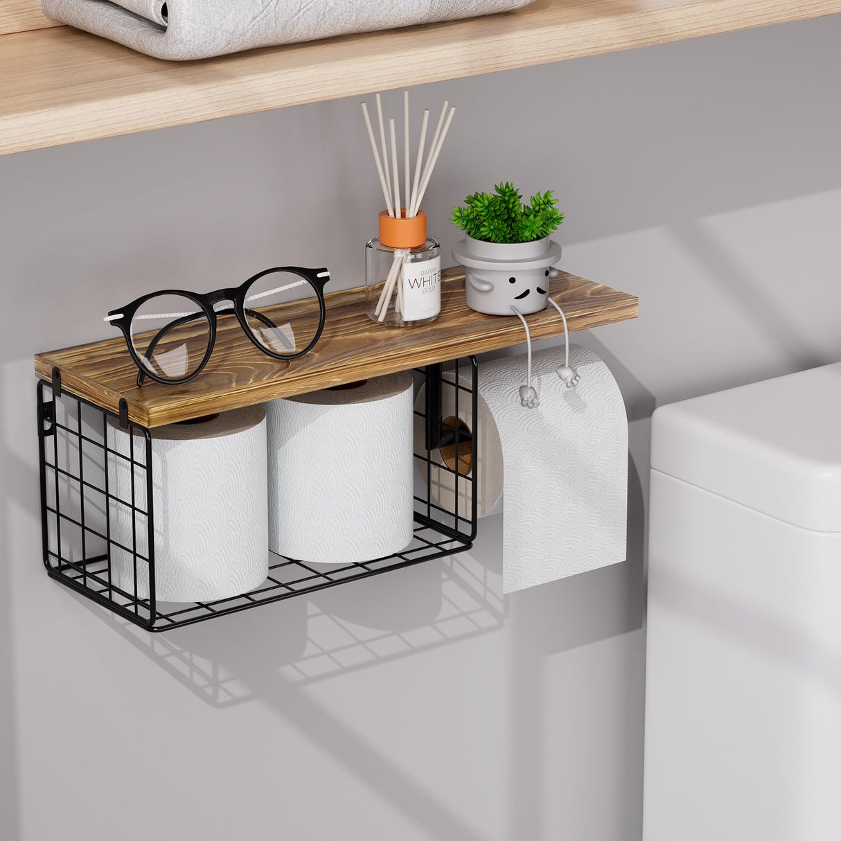 VITVITI Toilet Paper Holder with Shelf, Wall Mounted Toilet Paper Storage Basket, Wood Metal Toilet Roll and Wipes Holder for Bathroom Farmhouse (Brown) VITVITI