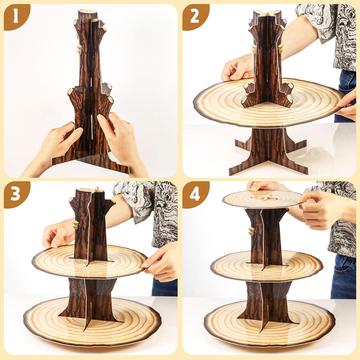 Wooden Cupcake Stand Decoration 3 Tier Western Party Cake Holder Woodland Baby Shower Rustic Wood Cupcake Stand Decor for Camping Birthday Party Woodland Animals Hunting Forest Safari Party Supplies Ben Louis