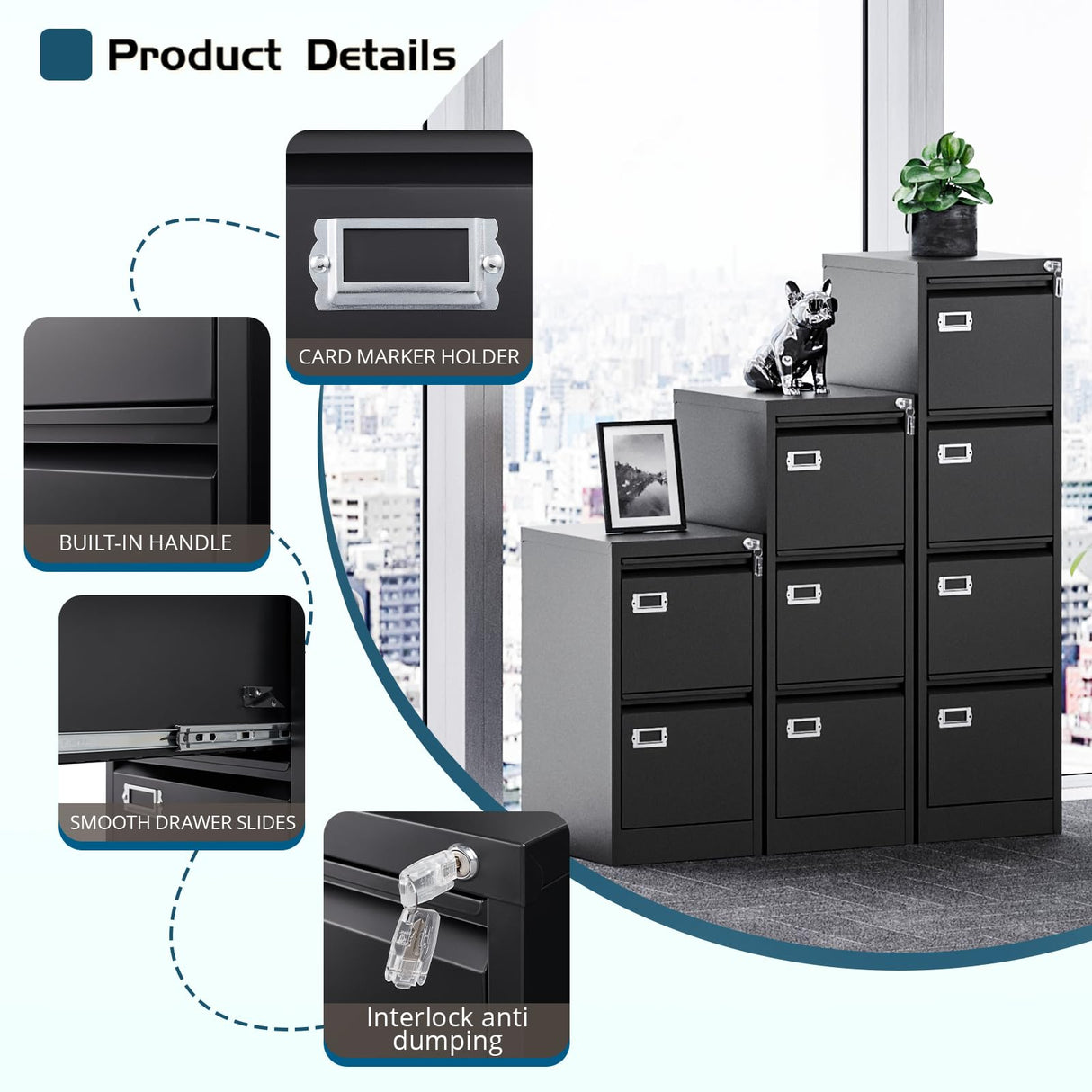 MIIIKO 2 Drawer File Cabinet, Metal Vertical Filing Cabinets with Lock, Home Office File Folders Storage Cabinet for Letter Legal A4 File Size MIIIKO