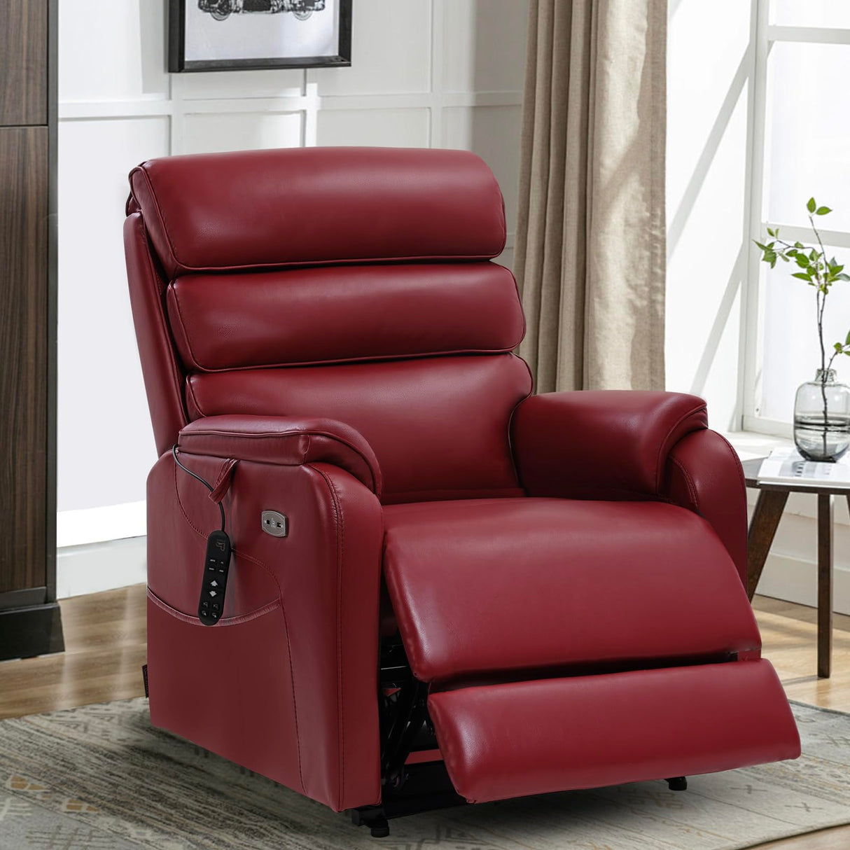 EONIX Dual Motor Lay Flat Power Lift Recliner Chair for Elderly, Breathable Faux Leather Electric Lift Chairs for Adults, 400lbs Heavy Duty Power Recliner with Heat and Massage, SLRY003061, Burgundy EONIX