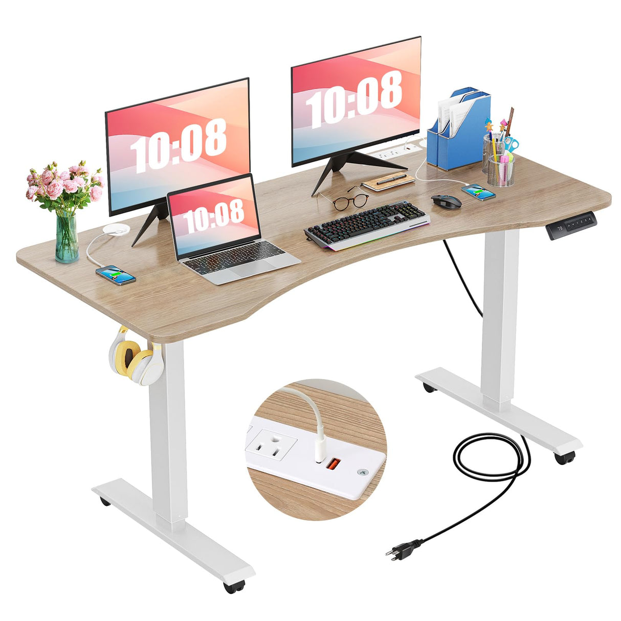 farexon Electric Standing Desk Adjustable Height, 48x24 Inches Stand Up Desk with Charging Station, Lockable Casters,27''-46'' Lifting Range Home Office Computer Desk(Oak Grey) farexon