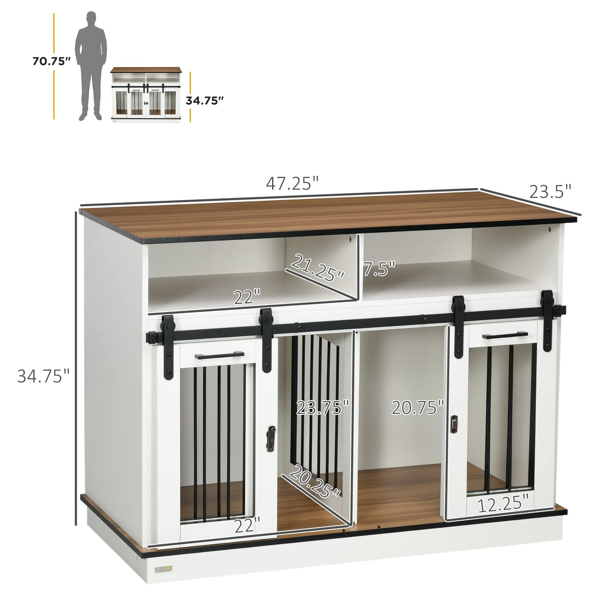 PawHut Dog Crate Furniture for Large Dogs or Double Dog Kennel for Small Dogs with Shelves, Sliding Doors, 47" x 23.5" x 35", White PawHut
