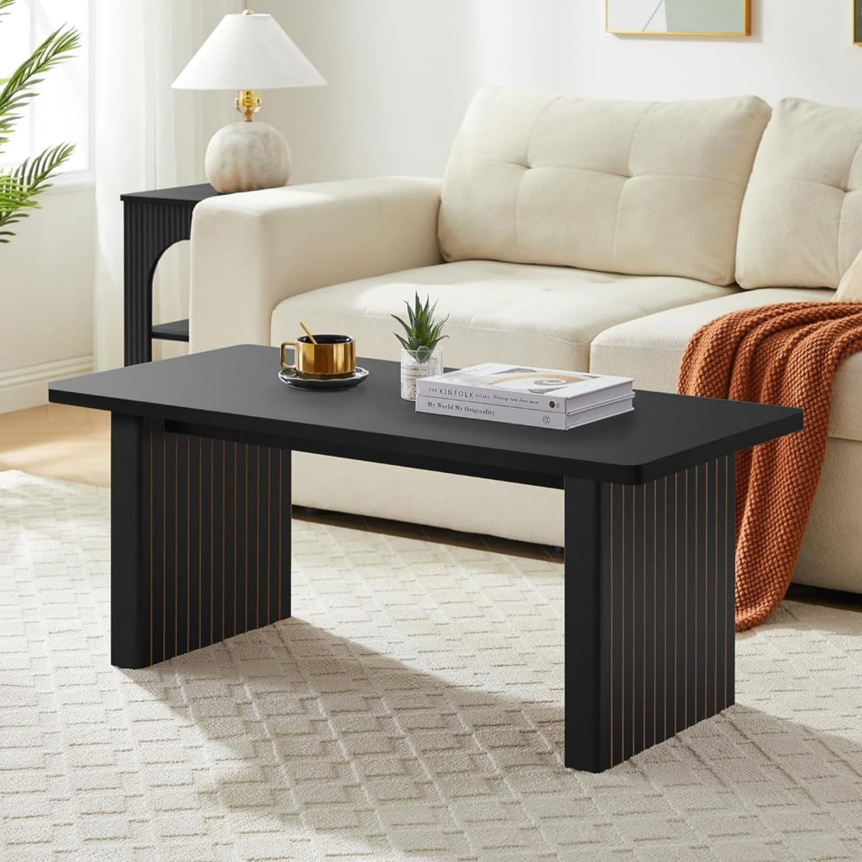 AVZEAR 43Inch Fluted Wooden Coffee Table for Living Room, Mid Century Modern Coffee Table with Sturdy Fluted Legs & Rounded Corner, Curved Rectangle Center Table for Home, Office, Cafe, Black AVZEAR