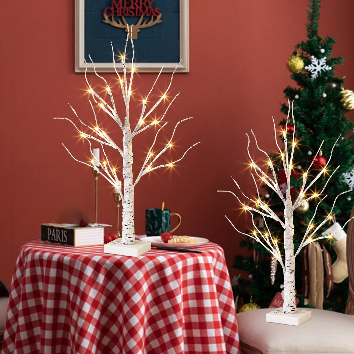 EAMBRITE Lighted Birch Tree for Christmas Decor, Table Decorations Indoor, 2Pack 24 LED Battery Operated/USB Tabletop Mini Artificial White Trees with Lights for Winter Home Centerpiece Mantel (2FT) EAMBRITE